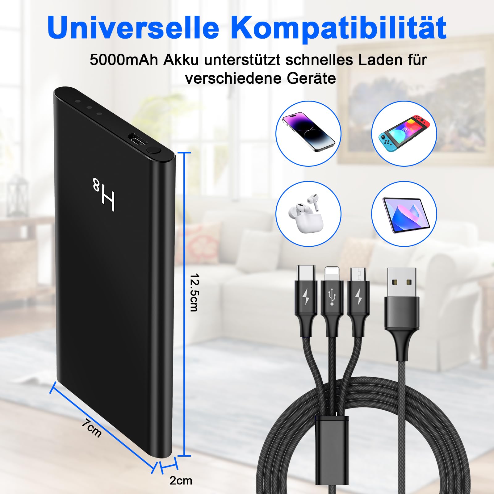 Mini HD 1080P Kamera,Powerbank Kleine Kamera 5000mAh mit Akku 3-in-1-Kabel,Videokamera mit Schwerkraftsensor ＆ Nachtsicht für Innen, Außen