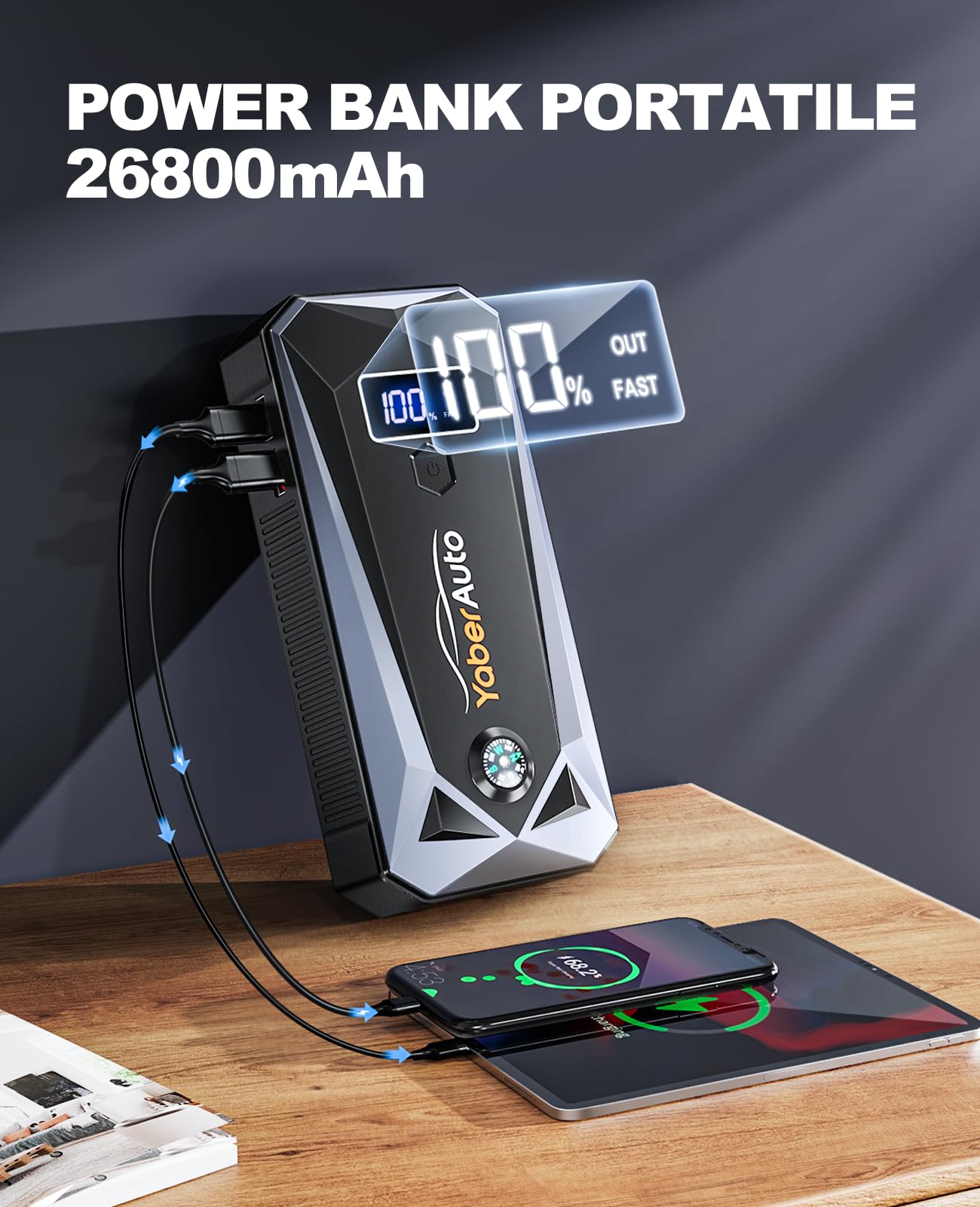 YaberAuto Booster Avviamento Auto 5000A 26800mAh Avviatore Emergenza per Auto(Tutto Benzina/10.0L Diesel) Avviatore Batteria Auto con Cavi Batteria Auto Estesi, intelligente Display LCD e Torcia LED