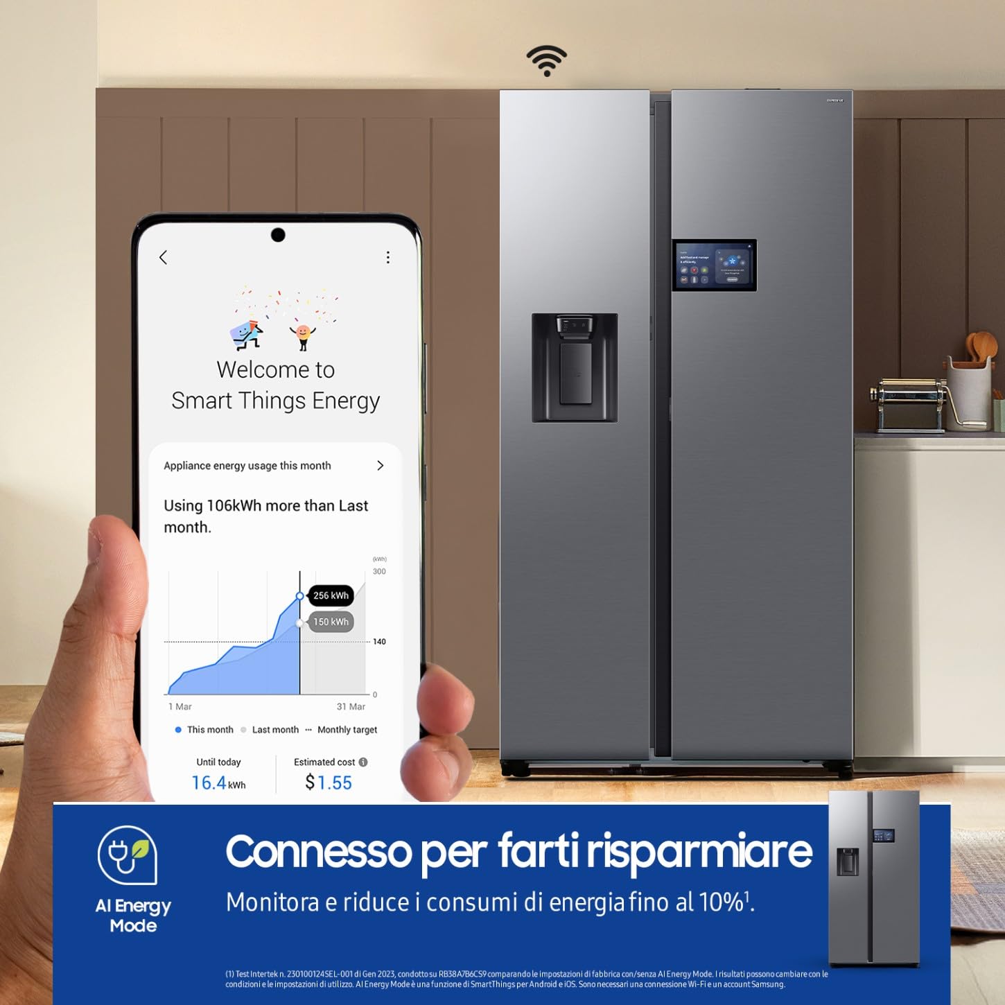 Samsung Frigorifero Side by Side AI Home F-RG90F65EDT3M, Dispenser Acqua/Ghiaccio Senza Allaccio, Wifi con AI Energy Mode, SpaceMax, 3 Mesi Garanzia Extra, 614 L, LxAxP: 91,2 x 178,4 x 72,6 cm, Inox
