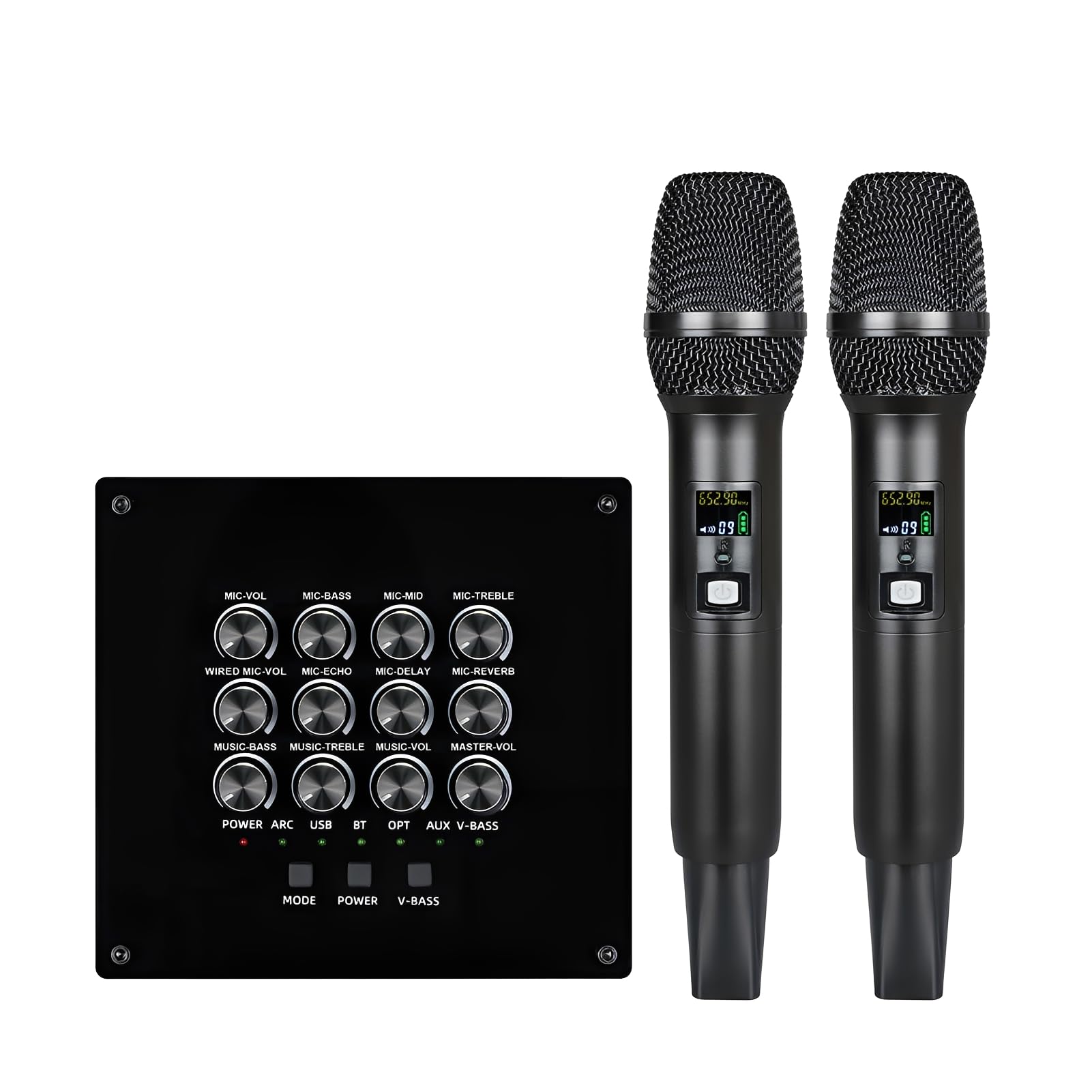 LICAEVEY Podwójny Ręczny System Mikrofonów Bezprzewodowych ze Zintegrowanym Korektorem, Mikserem Karaoke do Karty Dźwiękowej, Głośnika, Instrumentu, do Użytku na Scenie i w Domu