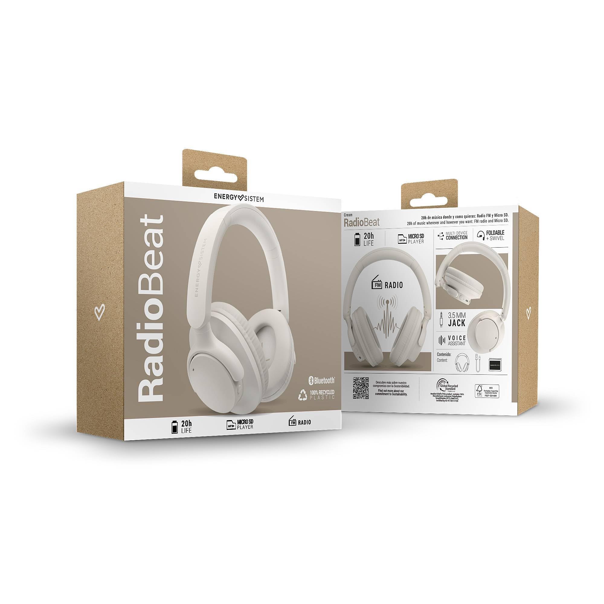 Energy Sistem RadioPlay Cuffie Bluetooth (plastica riciclata GRS, Bluetooth 5.4, 20 ore di batteria, archetto regolabile, design pieghevole, radio FM, micro SD MP3 Player, assistente vocale)