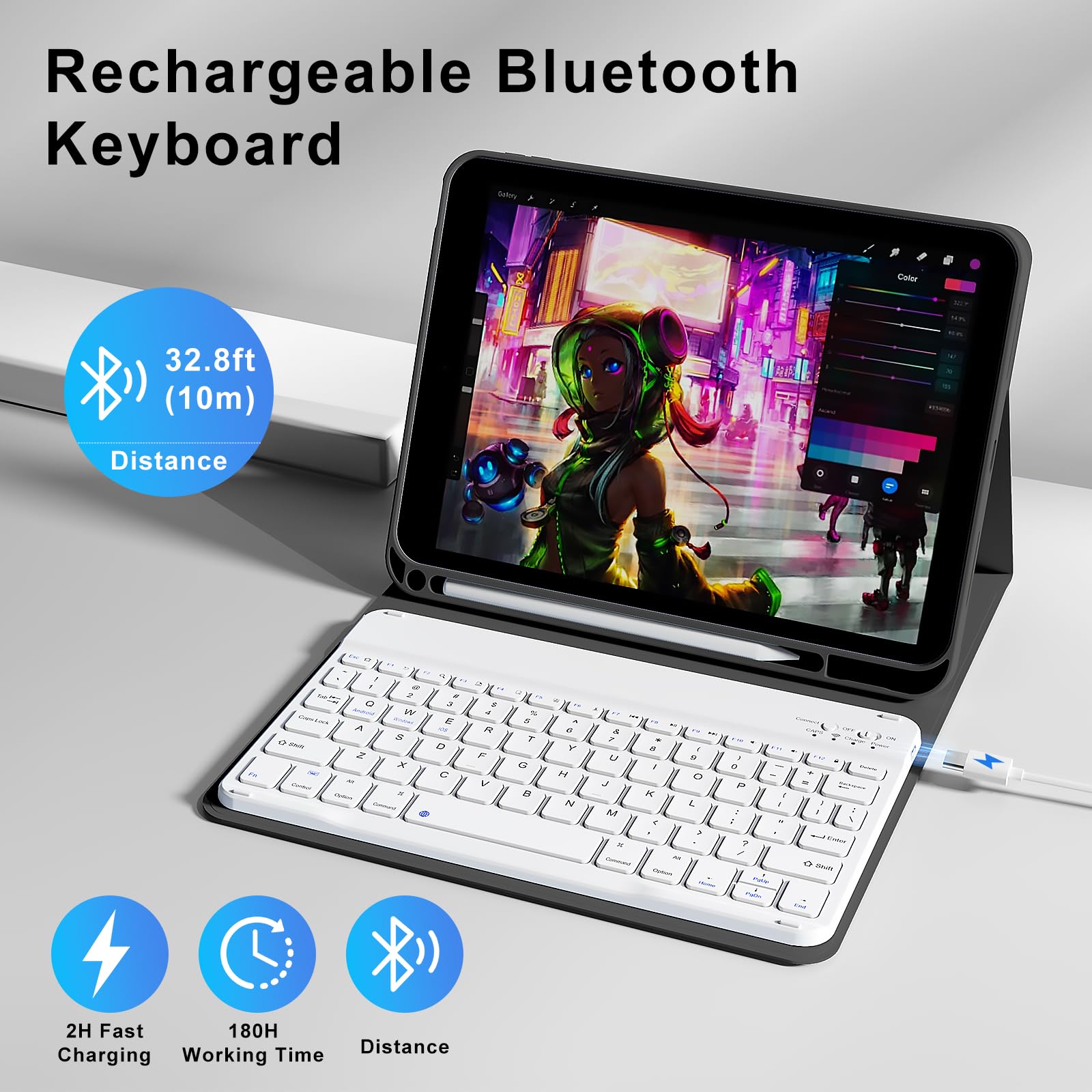 Étui Avec Clavier Bluetooth Pour IPad 10e/11e Génération (10,9"/11") - Clavier Rétroéclairé 7 Couleurs Amovible, Porte-crayon, Protection En PU/TPU, Couleur Grise