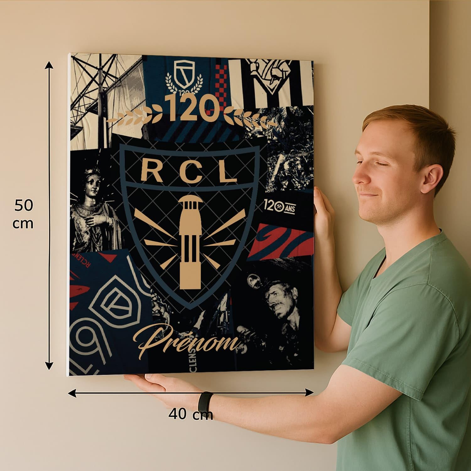 Toile Personnalisable RACING CLUB DE LENS – Sainte Barbe | Format 50x40 cm | Prénom au choix | Décoration Murale Supporter RC Lens | Edition 120 Ans – Fabriqué en France | Idée Cadeau Fan de Foot