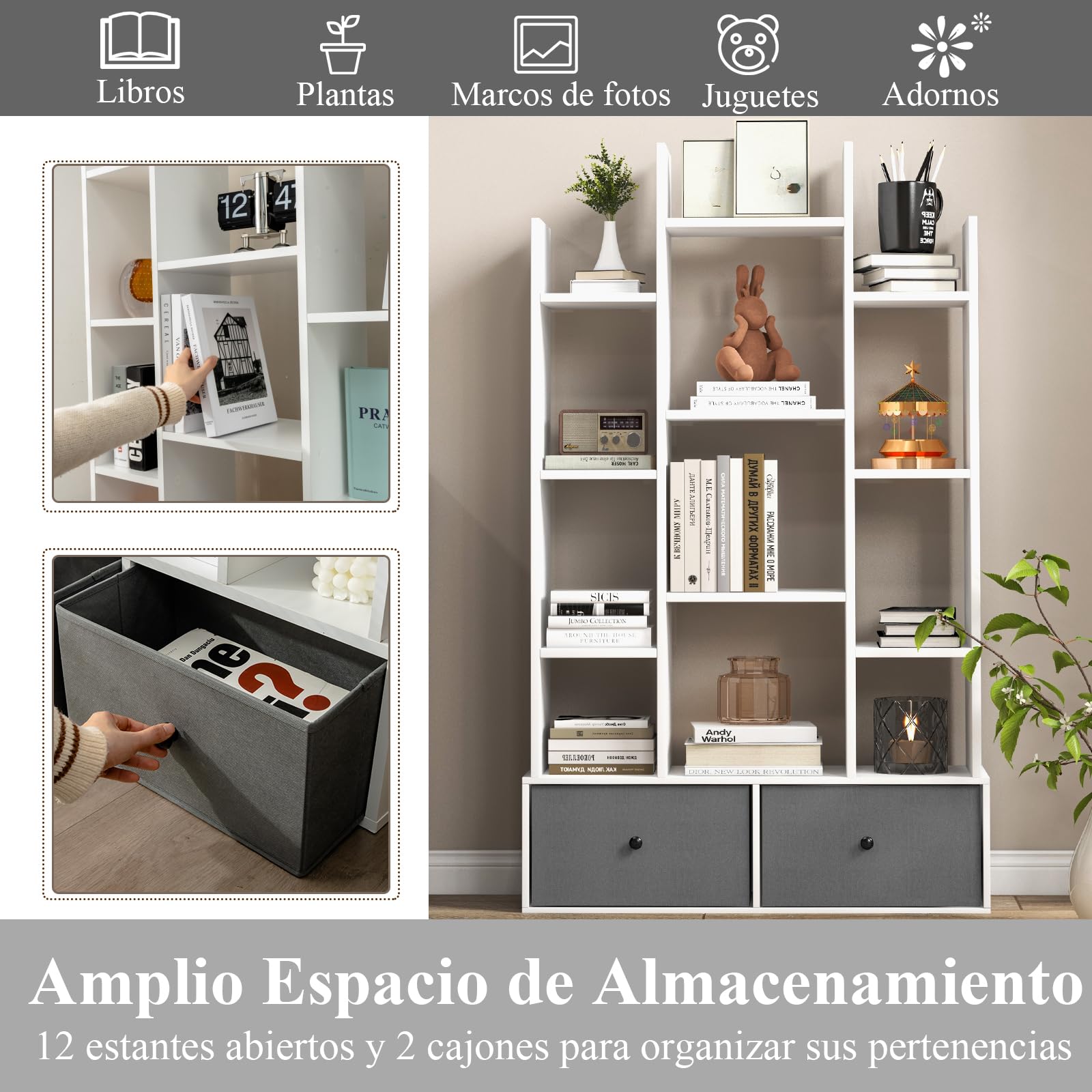 SOARS Scaffali portaoggetti a 12 livelli, scaffale in legno, 2 cassetti, scaffale con scomparti aperti, per ufficio, studio, soggiorno, camera da letto, 80 x 24 x 132 cm (bianco)