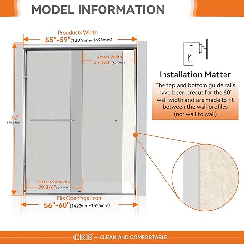 Miniatura 2 de CKB Puerta de ducha doble corredera, 56"-60" W x 72" H Puerta de ducha semi-sin marco, 14" (6 mm) ANSI vidrio templado acabado cromado