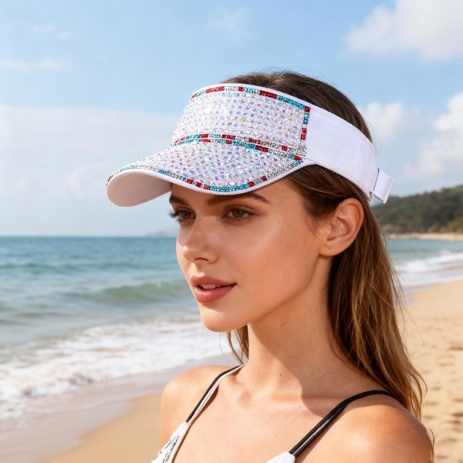 Bling Shiny Rhinestone Sports Sun Visor Hat for Women Summer Adjustable Breathable Beach Visor Caps Running Golf Sun Hat - Image 3