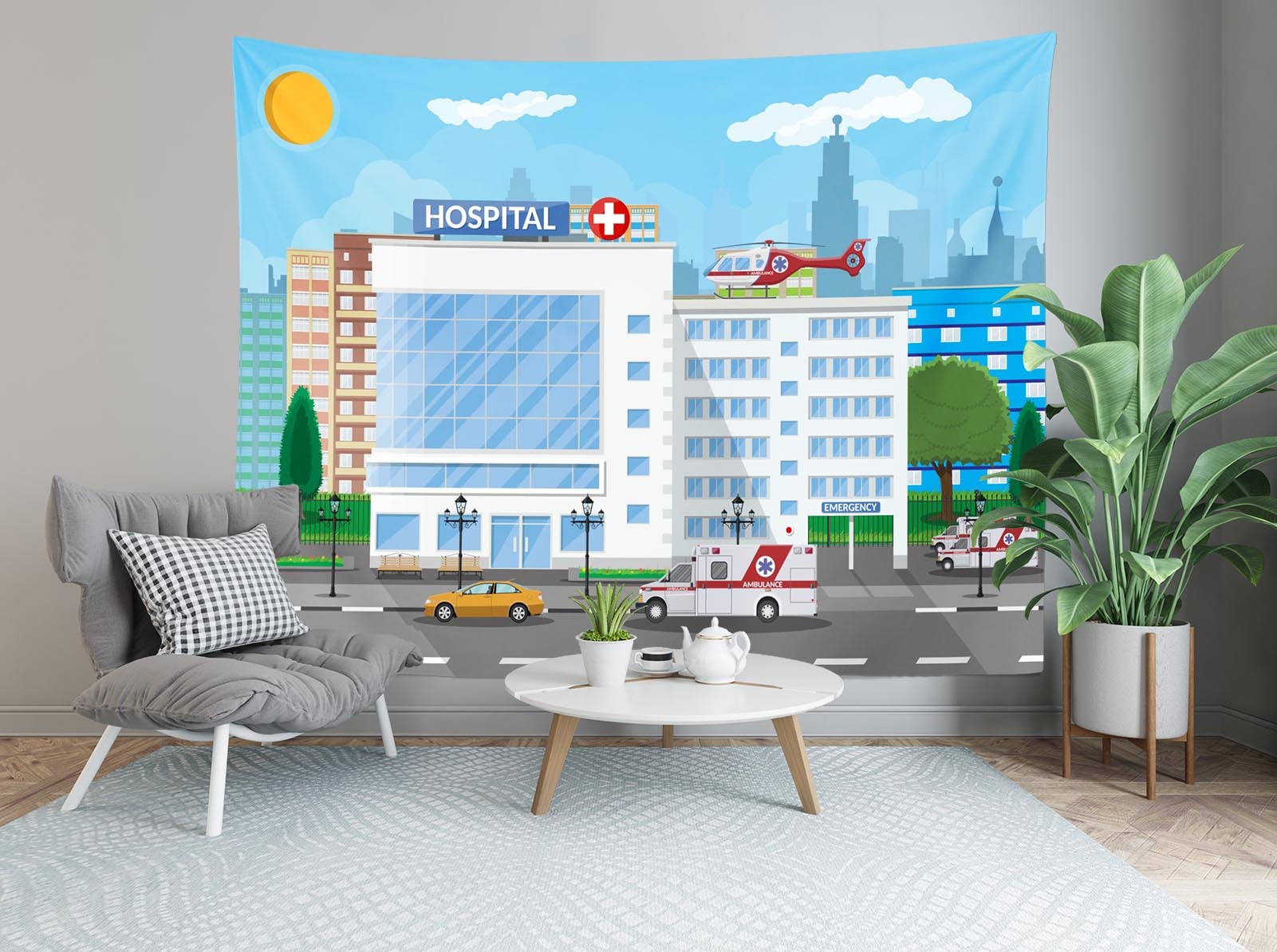 CORFOTO 300x250CM Hôpital Tapisserie Matériel médical hôpital bâtiment ambulance Tapisserie murale Décoration esthétique du salon, de la chambre et du dortoir Wall Hanging