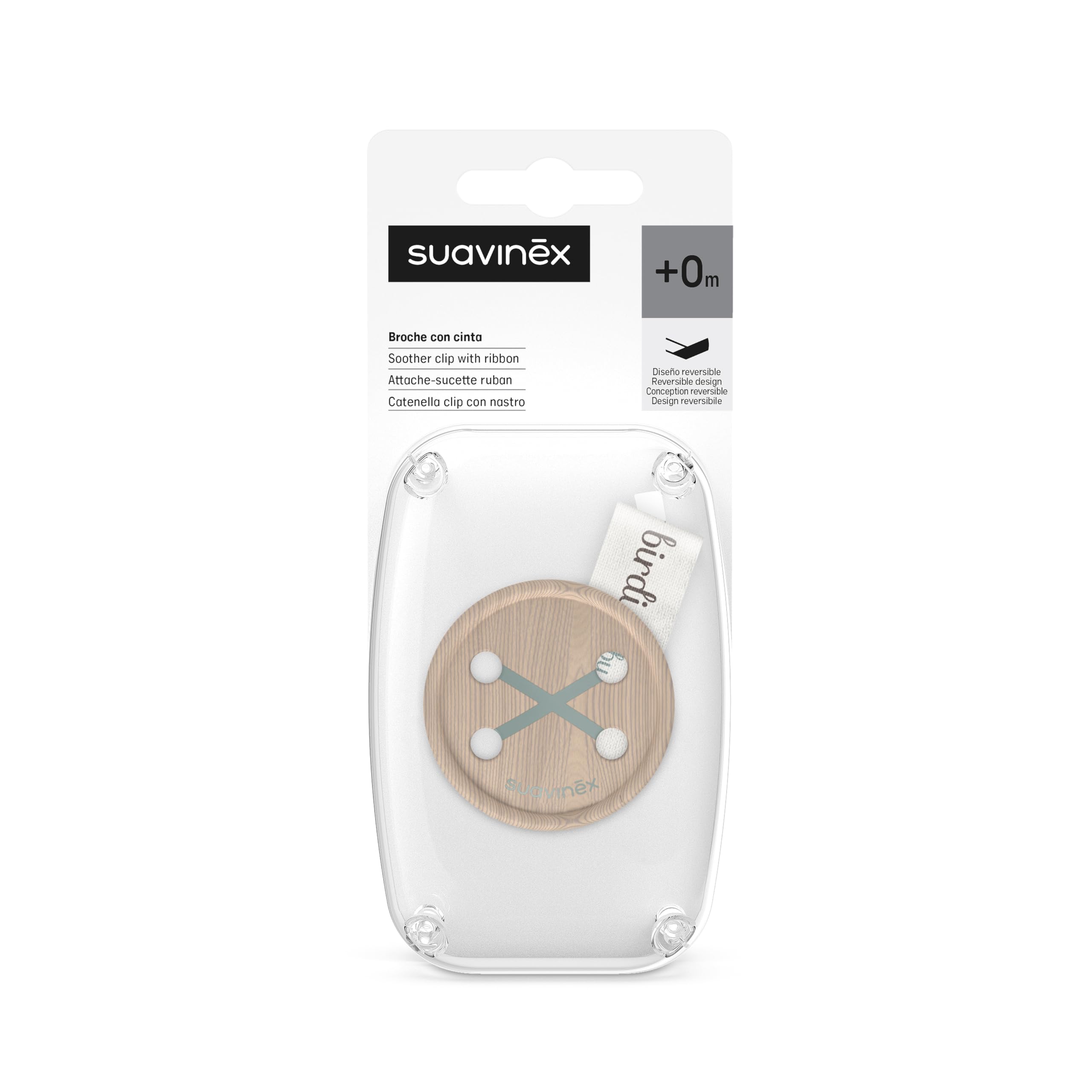 Suavinex, Portaciuccio in Tela per Neonati, Nastro con Decoro su due lati, Catena Ciuccio Neonato, Clip con Pinza. Per bambini +0 mesi, adatto per neonati, Birdies, verde