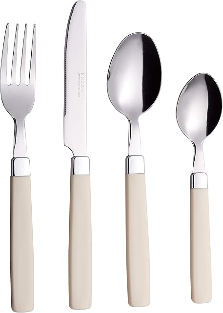 EXZACT Cutlery Set 16pcs Stainless Steel - Coloured Handles - 4 x Forks, 4 x Knives, 4 x Table Spoons, 4 x Tea Spoons - WF23 Cream