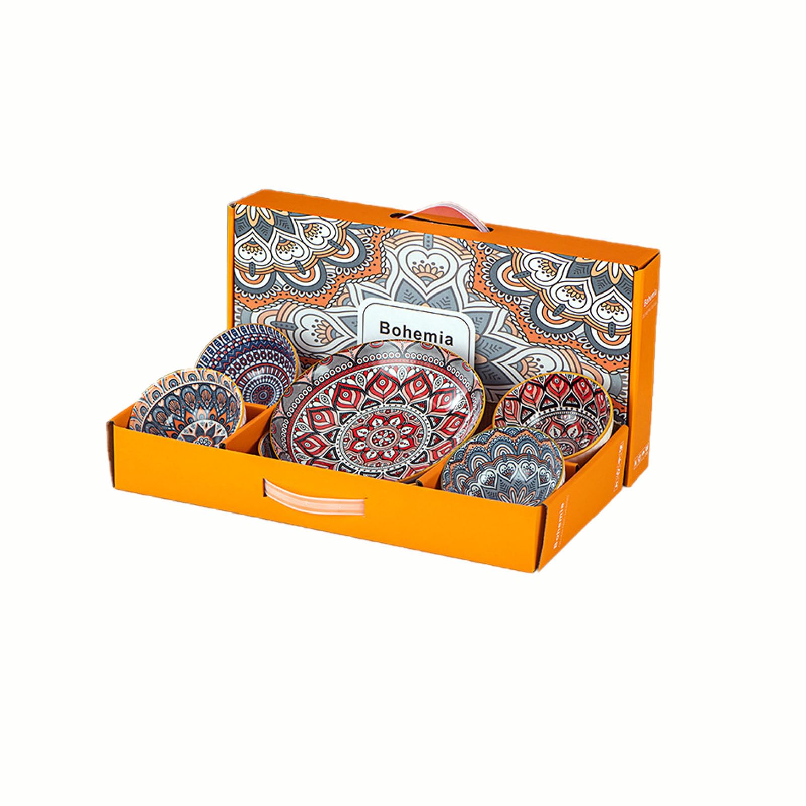 Ensemble d'assiettes en céramique de Style bohème (Coffret Cadeau de 5 pièces) : Assiettes Rondes colorées pour Desserts et salades, compatibles Micro-Ondes et Lave-Vaisselle.