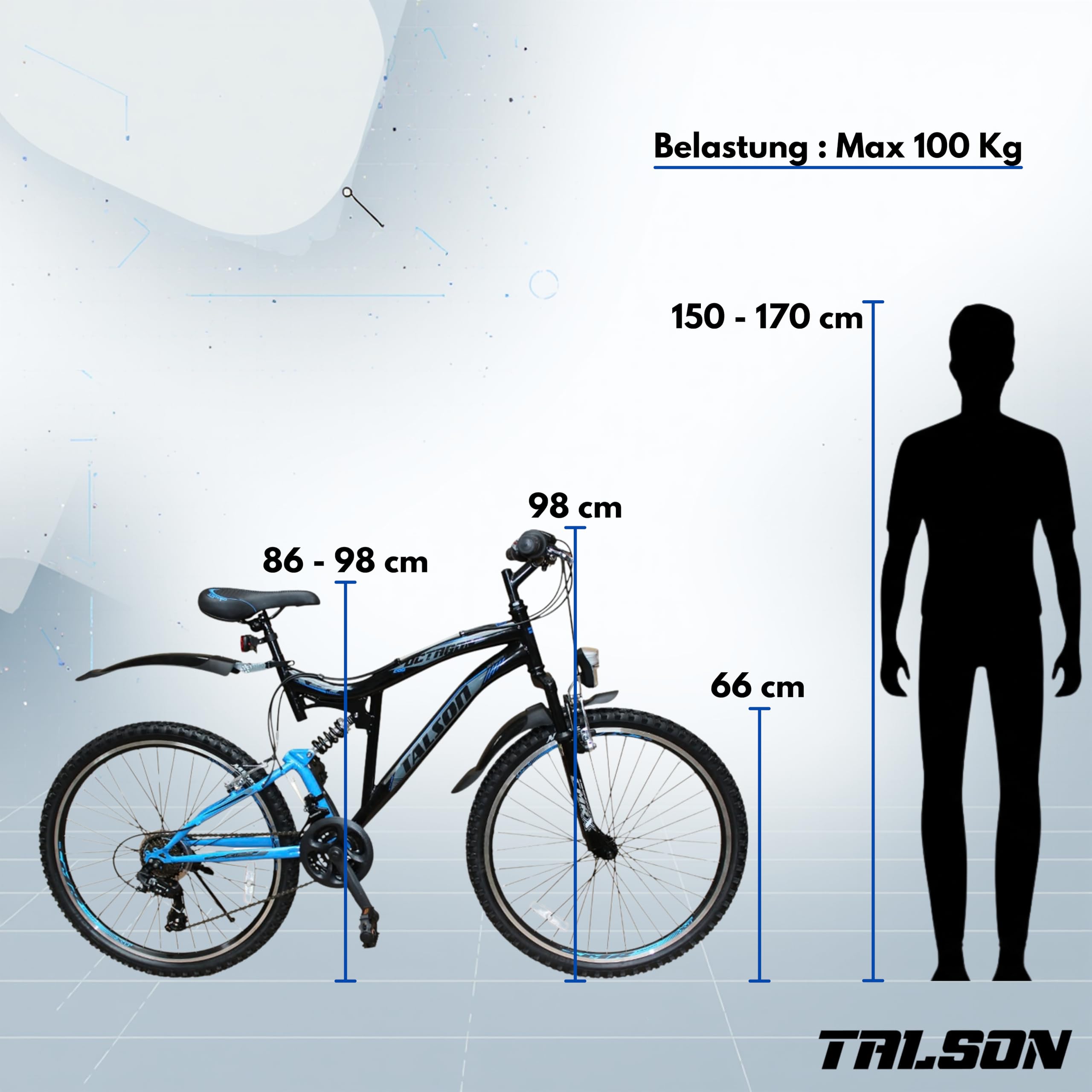 Talson 26 Zoll Mountainbike Fahrrad MIT VOLLFEDERUNG & Beleuchtung 21-Gang OXT Black