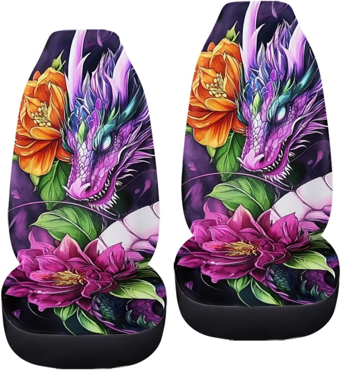 GIFTPUZZ Flower Dragon Car Seat Covers Universal Vihecle Driver Seat Protector Cushion Cover Auto Interior Front Seats Only Universal Durable Bucket Seat Cover for Car SUV Automotive