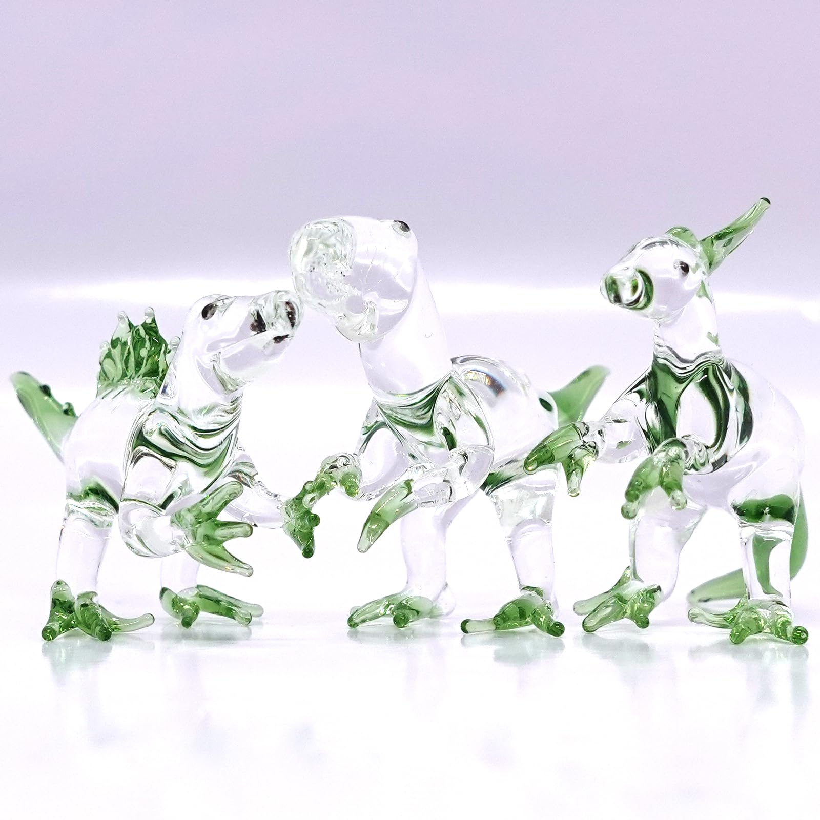 Zestaw 3 dinozaurów miniaturowe figurki ręcznie malowane dmuchane szkło sztuka zwierzęta kolekcjonerski prezent dekoracja domu, przezroczysty zielony