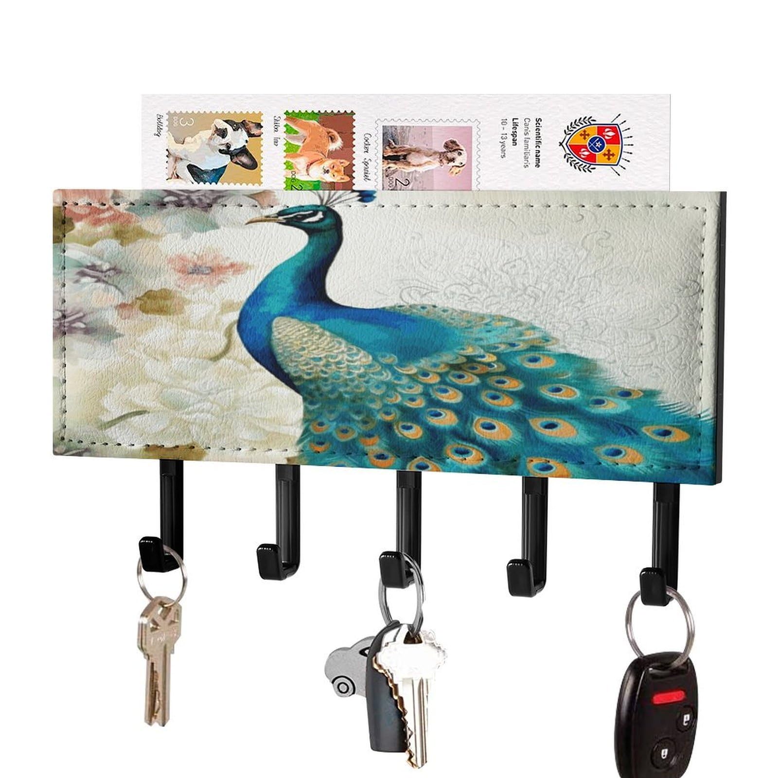 FekiLoot Beautiful Peacock and Floral Key Holder Wall Mount Key Hooks for Wall Decorative with 5 Hooks PU Mail Rack Organizer with Shelf for Entryway Mudroom Hallway Office 7.1X4.3 in