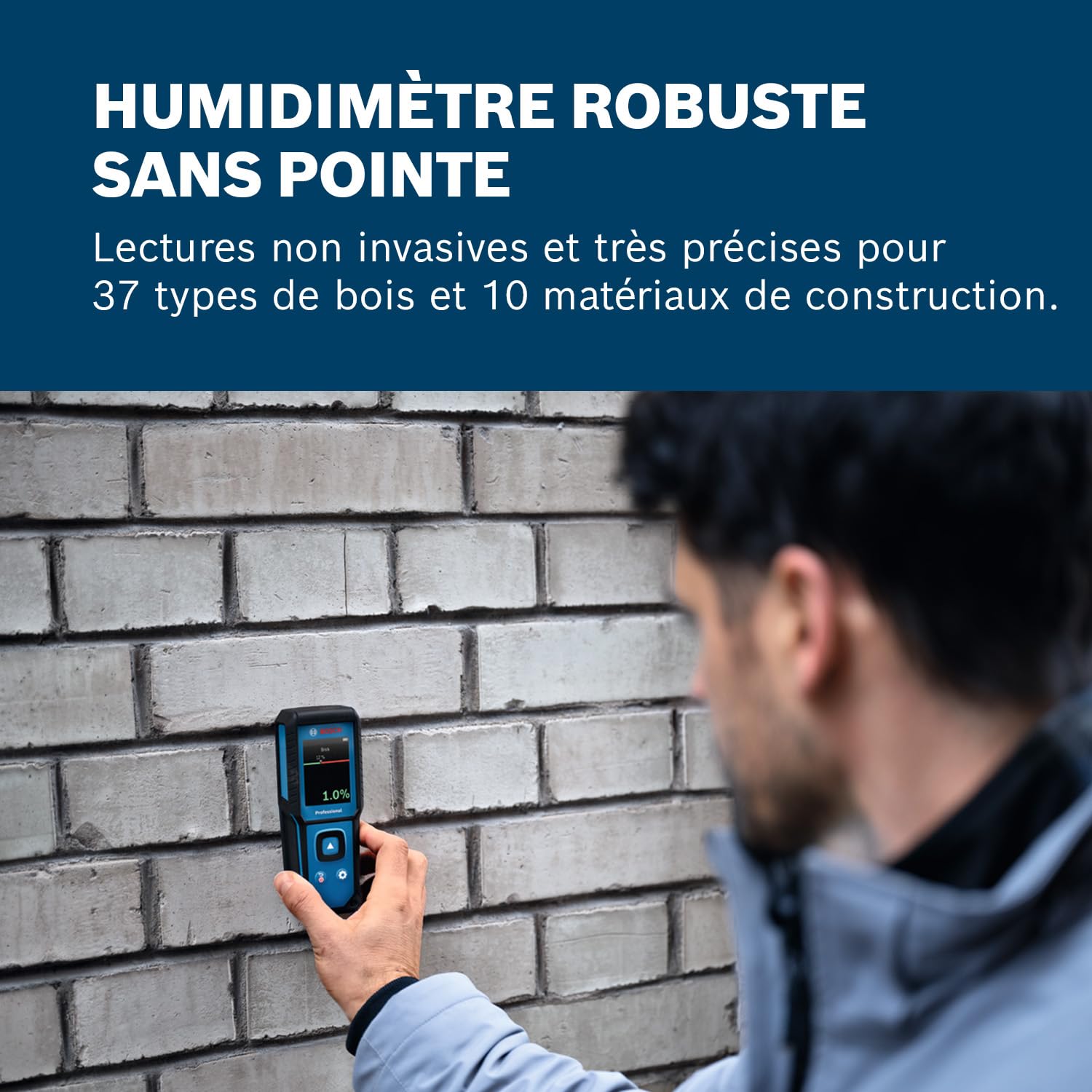 Humidimètre GMM 1-15 Bosch Professional à broches (non invasif, mesure 37 essences de bois et 10 matériaux de construction, indice de protection IP65, 2 piles AA, housse)