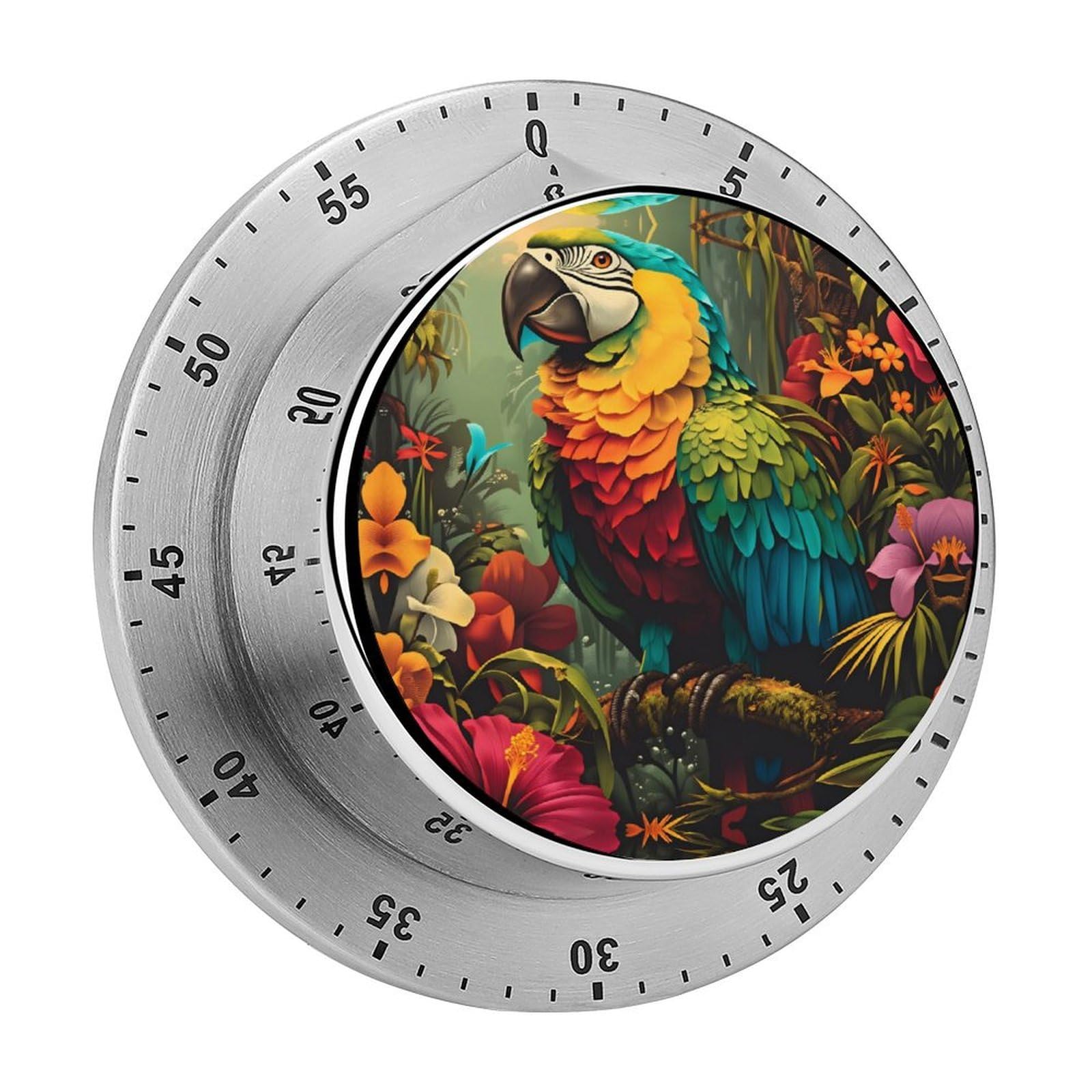 Tropical Jungle Parrot Bird 60 Minute Wind Up Timer,Visual Mechanical Magnetic Timer with Loud Alarm for Kitchen