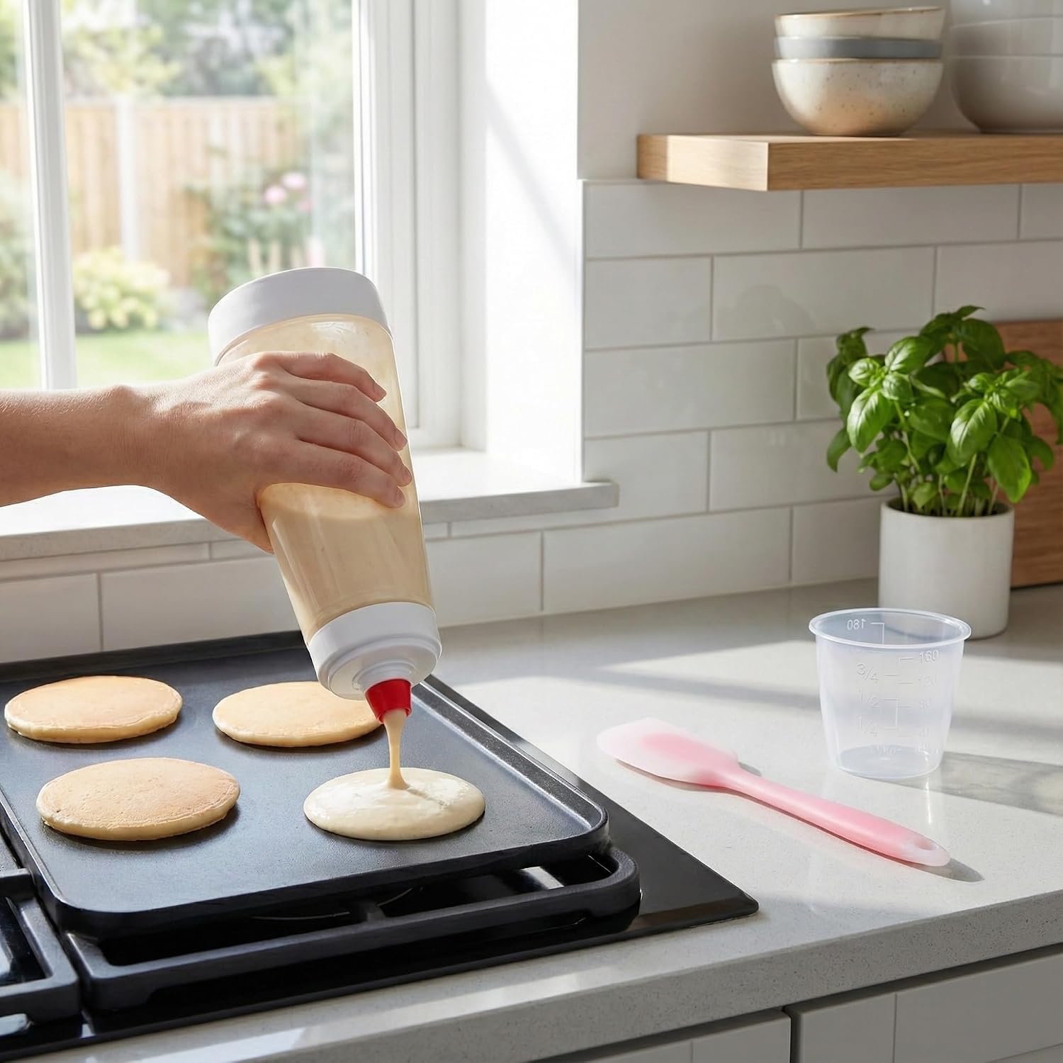 Manual Pancake Batter Mixer Bottle Set, 34 oz Squeeze Dispenser with Shaker Ball, Pink Silicone Spatula & 160 ml Measuring Cup for Pancakes, Cupcakes
