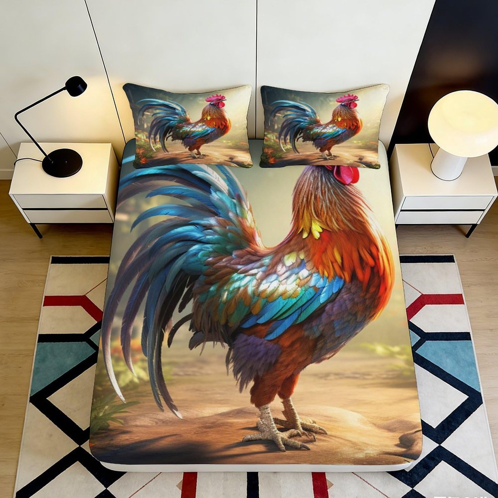 3D Printed Colorful Rooster Fitted Sheet Microfiber Soft Breathable Vibrant Chicken Bed Cover for Bedroom Dormitory Guest Room Mattress Protection 160x200x25cm