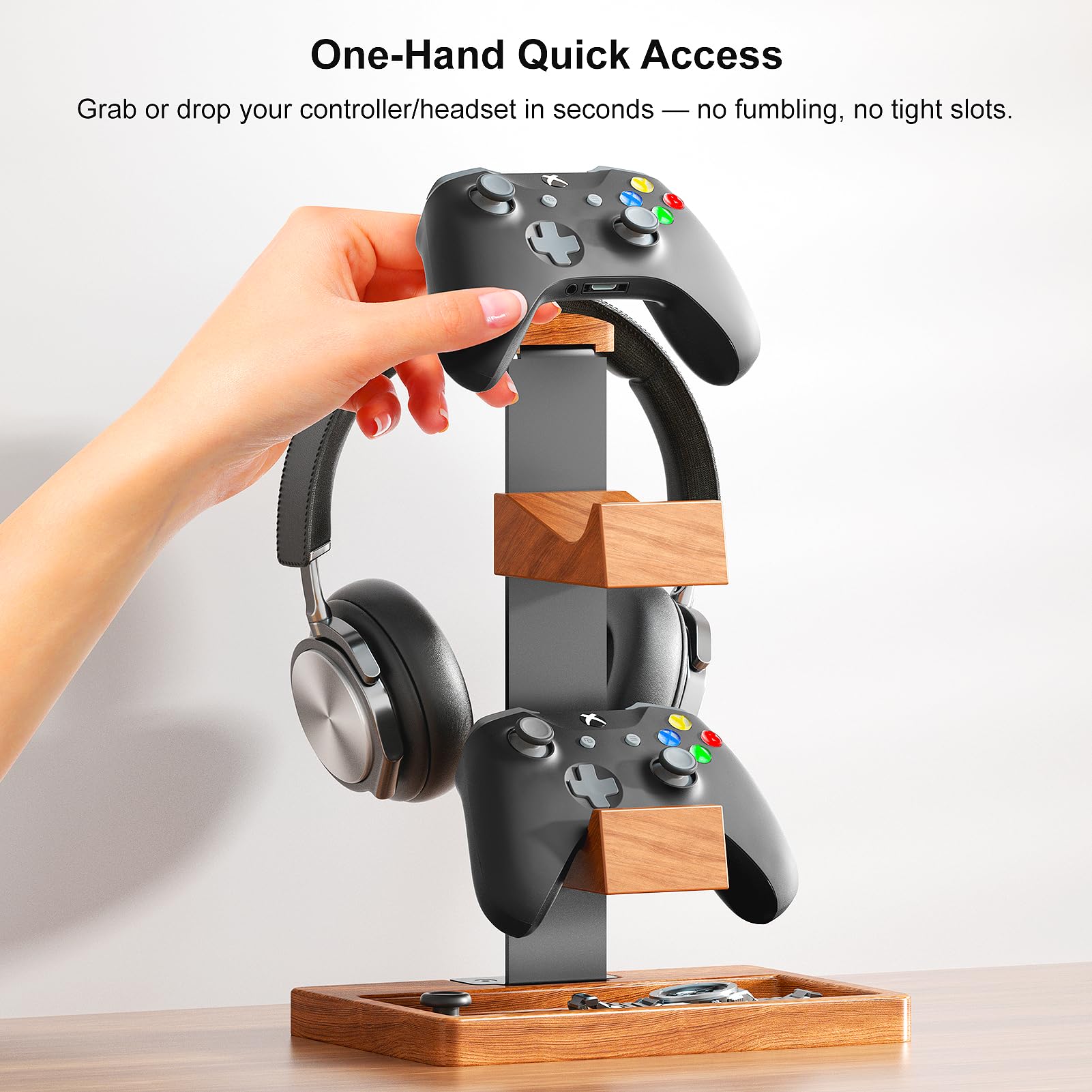 Support en Bois pour Manette et Casque, Porte-Casque en Bois, Rangement de Bureau, Accessoires de Bureau universels compatibles avec PS5, PS4, Xbox One et Nintendo Switch