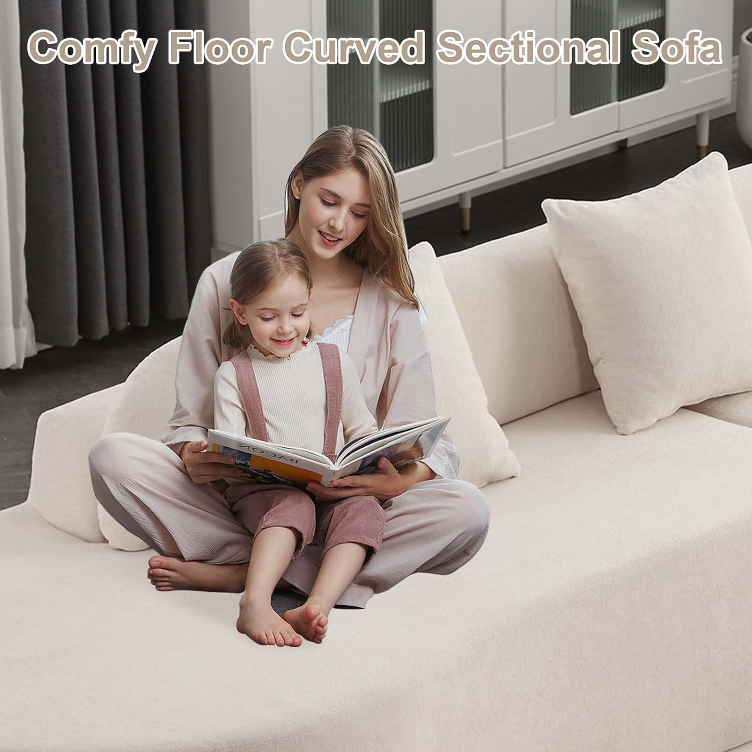 130.5" Curved Sectional Sofa for Living Room, 4-Seater Floor Boneless Foam Cloud Couch with 3 Pillows, Compression Couches for Apartment, No Assembly Required, Beige