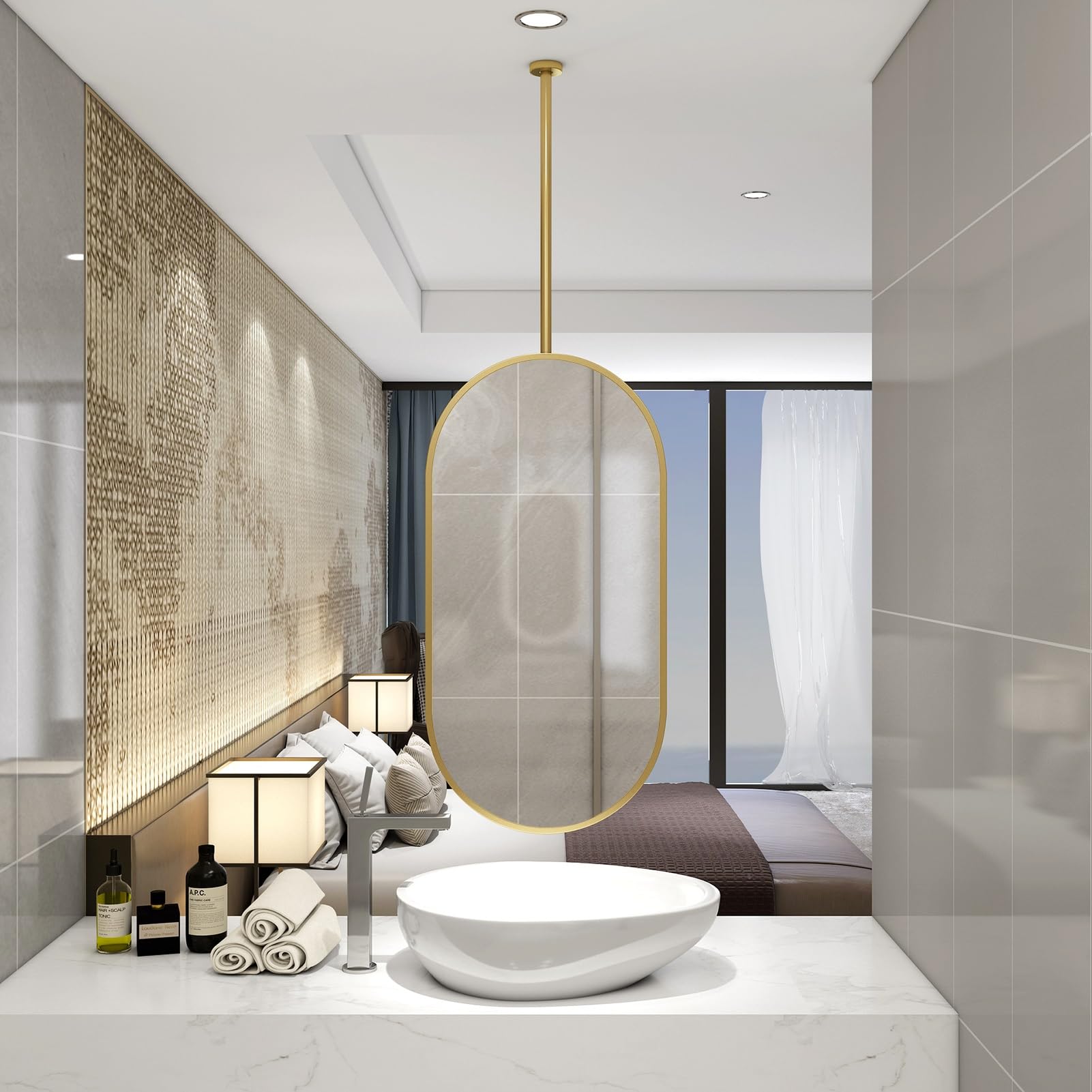 Miroir suspendu plafond doré ovale 40x70 cm pour salle de bain design