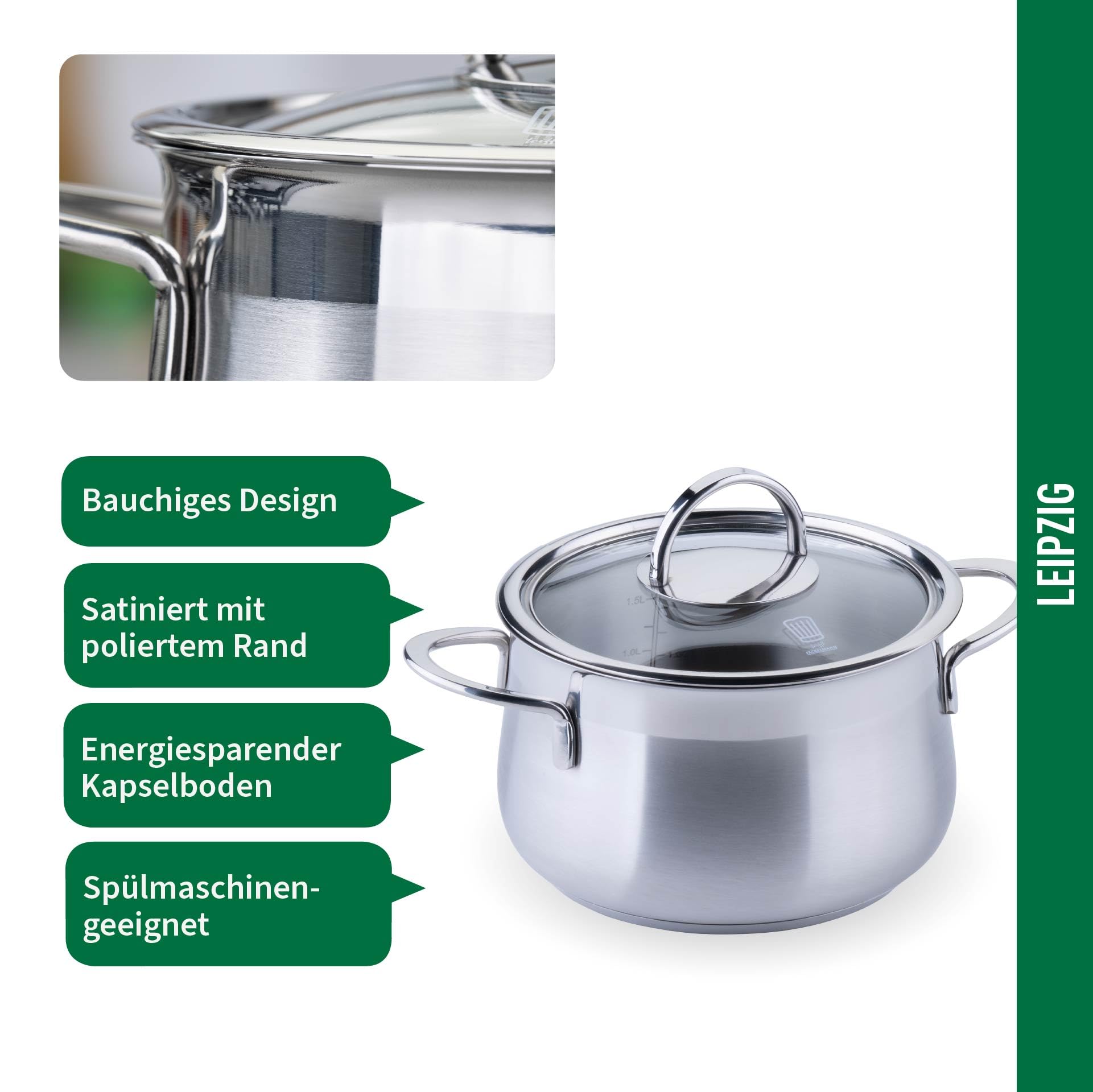 FACKELMANN Chefkoch Kochtopf mit Glasdeckel Leipzig – ø16cm, Edelstahl 18/8, Aluminium-Kern, für alle Herdarten inkl. Induktion – spülmaschinengeeignet