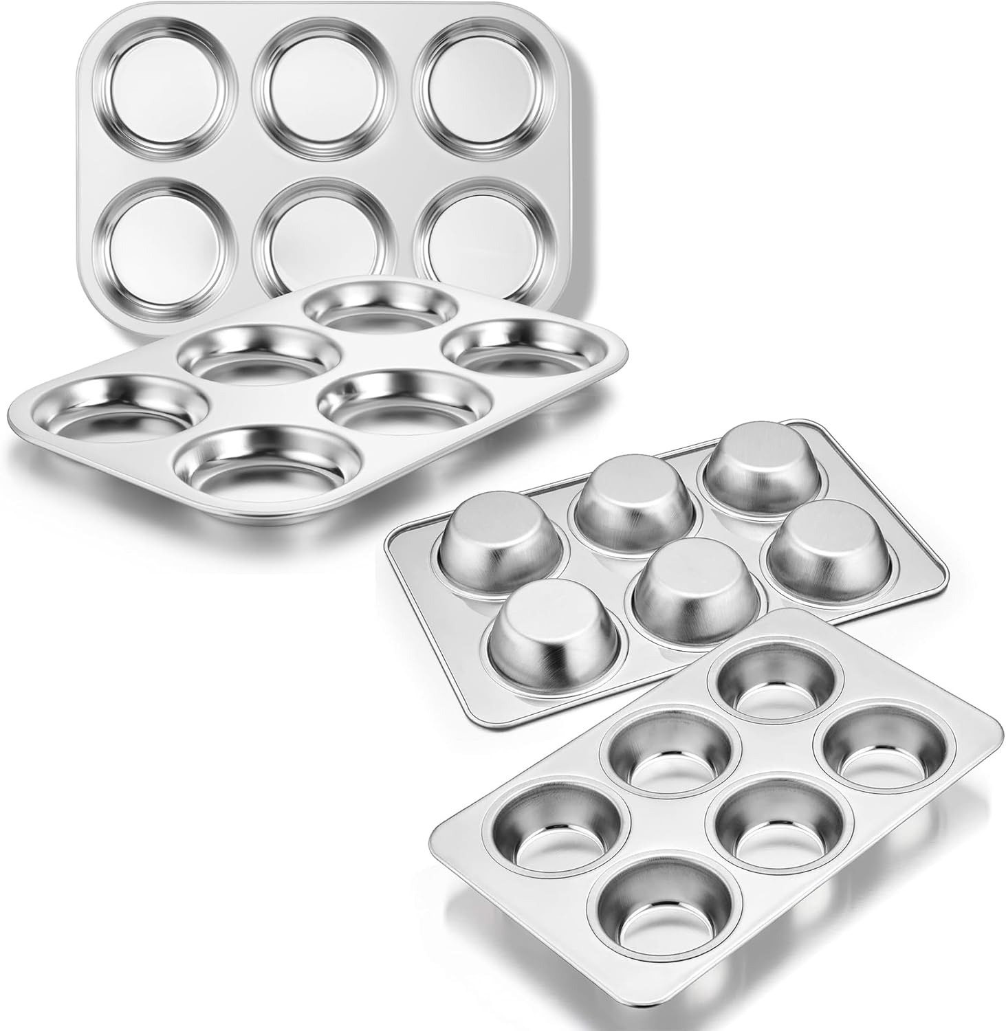 E-far Muffin Pan Set of 4 Bundle, Stainless Steel 6-Cavity Shallow Cupcake Pan for Baking Whoopie Pie, Yorkshire Pudding, Eggs, Non-toxic & Healthy, Oven & Dishwasher Safe
