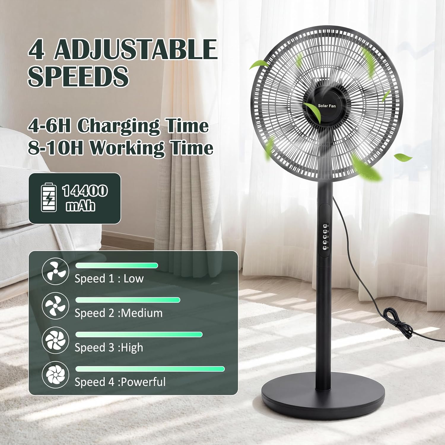 16 inch Solar Oscillating Standing Fan with Solar Panel, Portable Rechargeable Mobile Floor Fans, 14400mah Battery, Two Charging Methods, 4 Speeds, for Bedroom Study or Outdoor(Black)