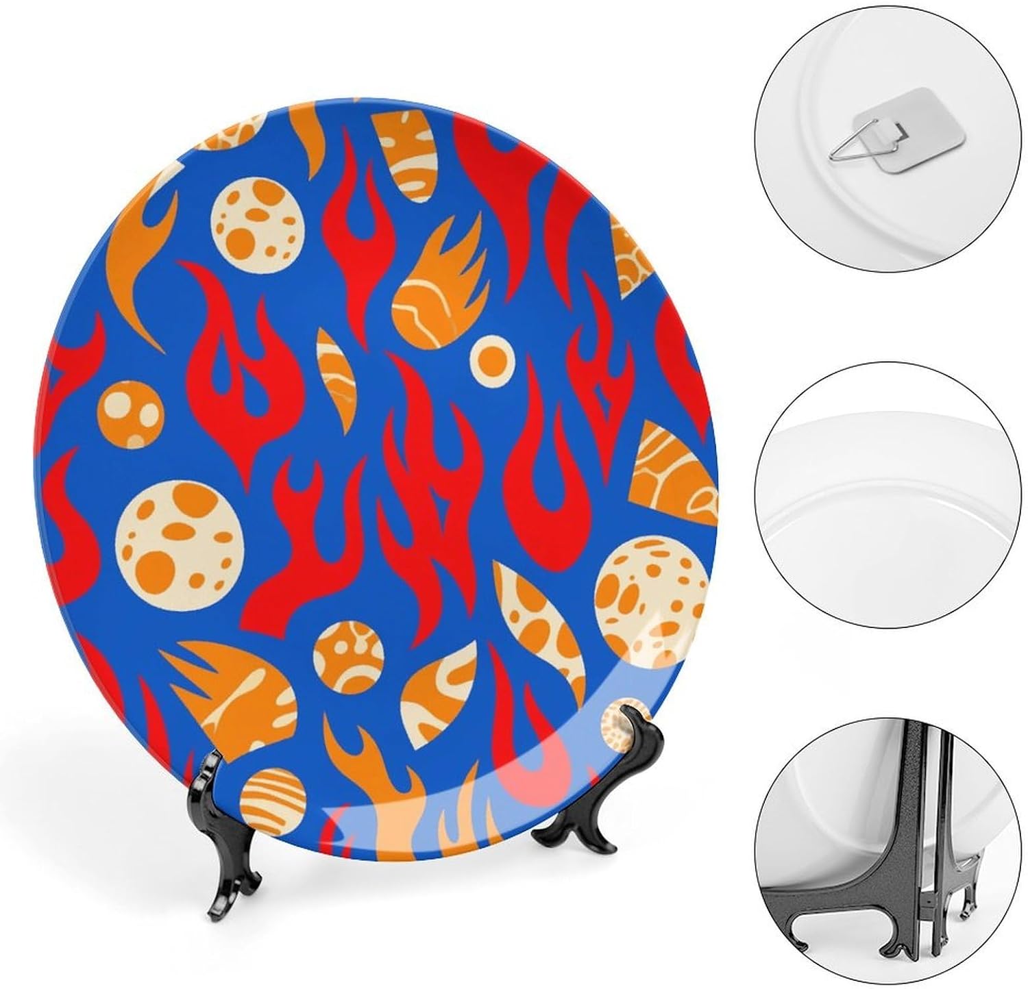 Blue Red Flame Decorative Plates Bone China Plates with Stand for Display 10inch Round Ceramic Dinner Plates Dessert Plate for Kitchen Party Coffee Table Decor Art