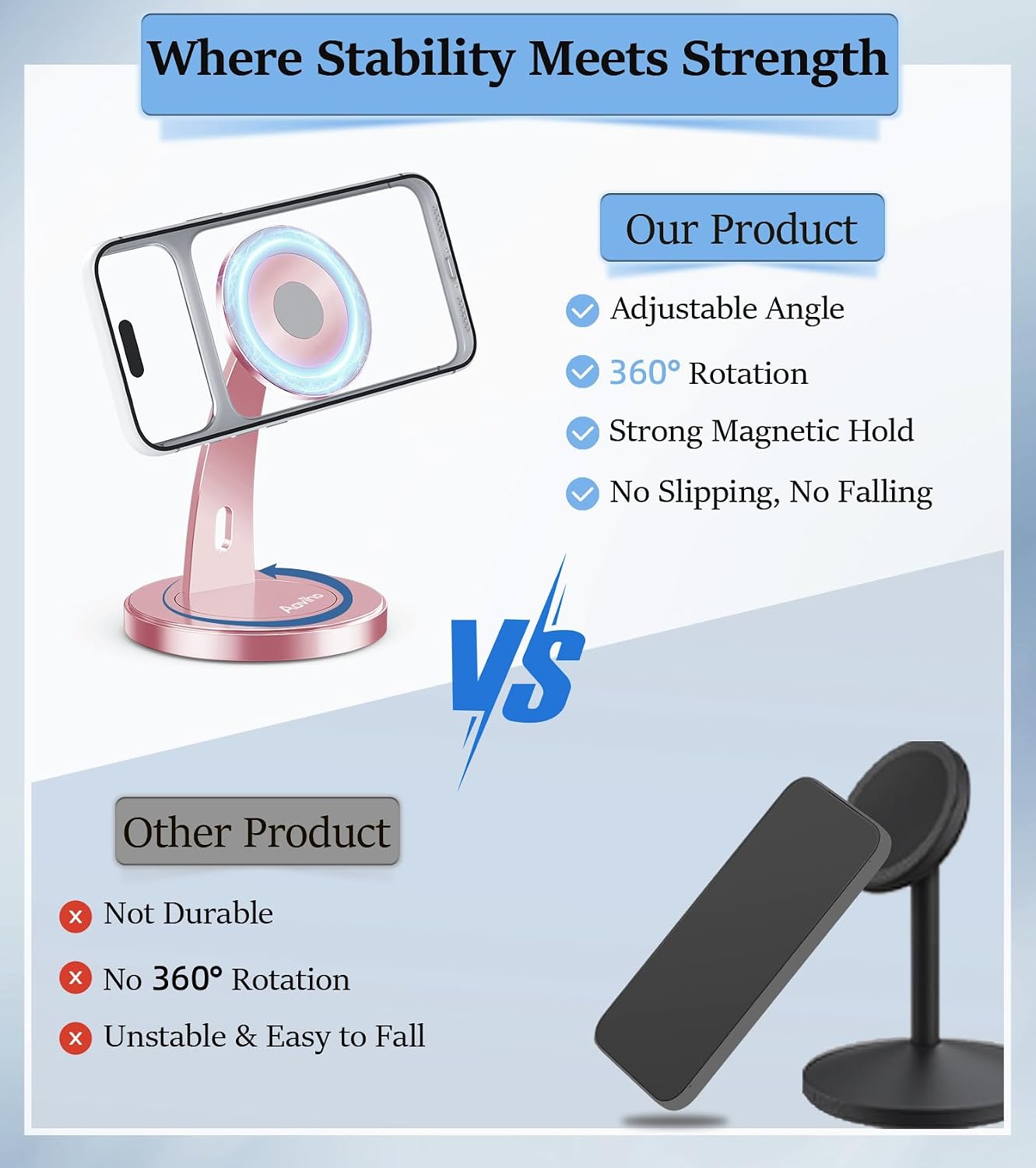 Aoviho Magnetic Phone Stand for Desk – 360° Rotating Aluminum Phone Holder, Stable Desk Stand for Office, Home & Kitchen, Compatible with iPhone 17 Pro Max 16–12 Series and MagSafe Cases, Rose Gold