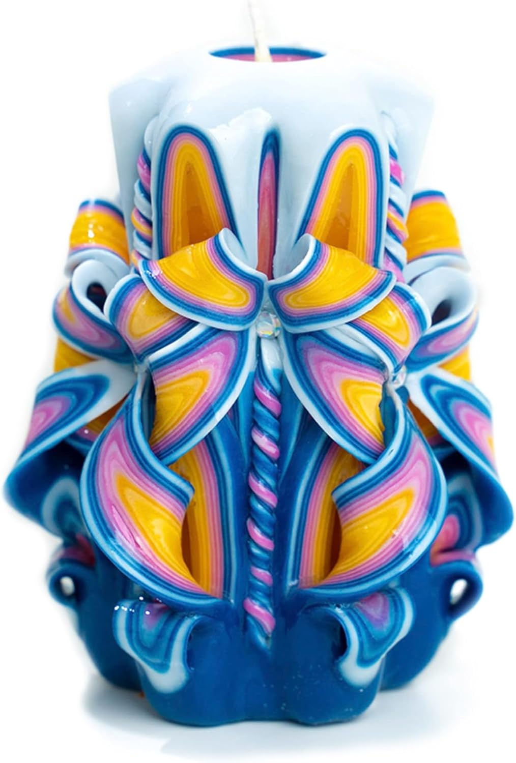 Carved Candle Artisan, Handcrafted Decorative Dipped, Home Decor, Fancy Unique Birthday Gift, New Year, Thanksgiving, Christmas, Gift for mom, Blue Yellow, Majestic Bloom 5"