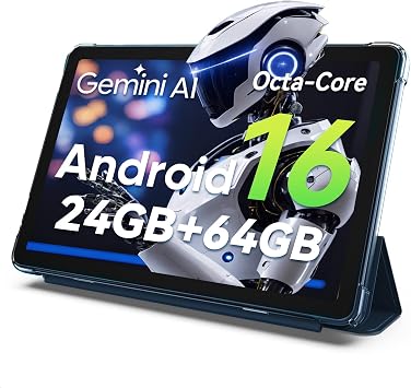 Android 16 Tablet, 10 Inch Tablet, Octa-Core, 24GB RAM 64GB ROM 2TB Expand, Tablet with Gemini AI, 6000mAh, WiFi, Widevine L1, GMS, BT 5.0, Dual Camera, Tablets with Case