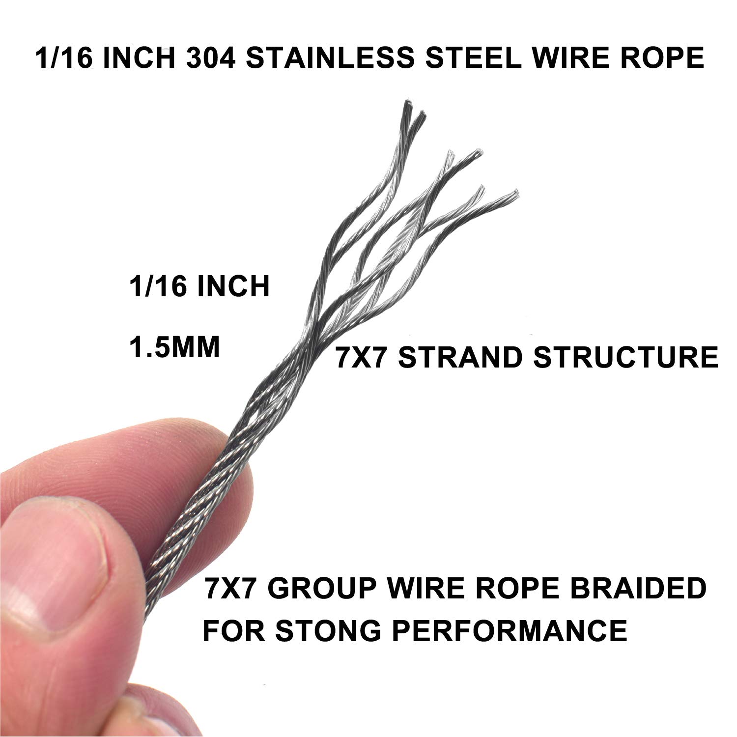 1/16 Inch Vinyl Coated Wire Rope Kit,330 Feet Stainless Steel 304 Wire Cable with 50 PCS Aluminum Crimping Loop and 10 PCS Clamps (7x7 Strand Core)