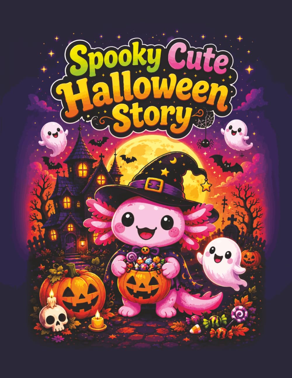 Spooky Cute Halloween Story: Spooky Cute Axolotl Halloween Story for Toddlers and Kids, Bold and Easy Large Coloring Pages