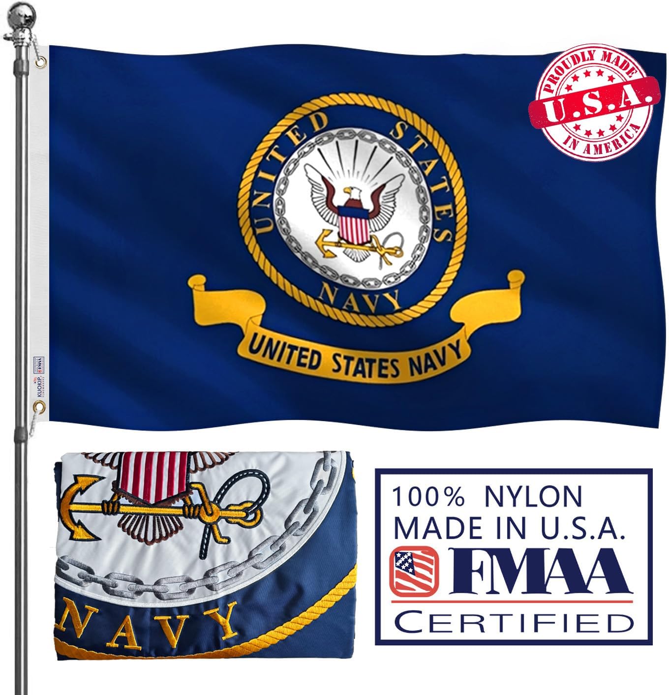 Embroidered US Navy Flag Emblem 3x5FT 100% Made in USA-Heavy Duty Nylon Vibrant colors Double Sided Navy Military Flag with 2 Brass Grommets for Home/Company/Indoor Outdoor Decoration