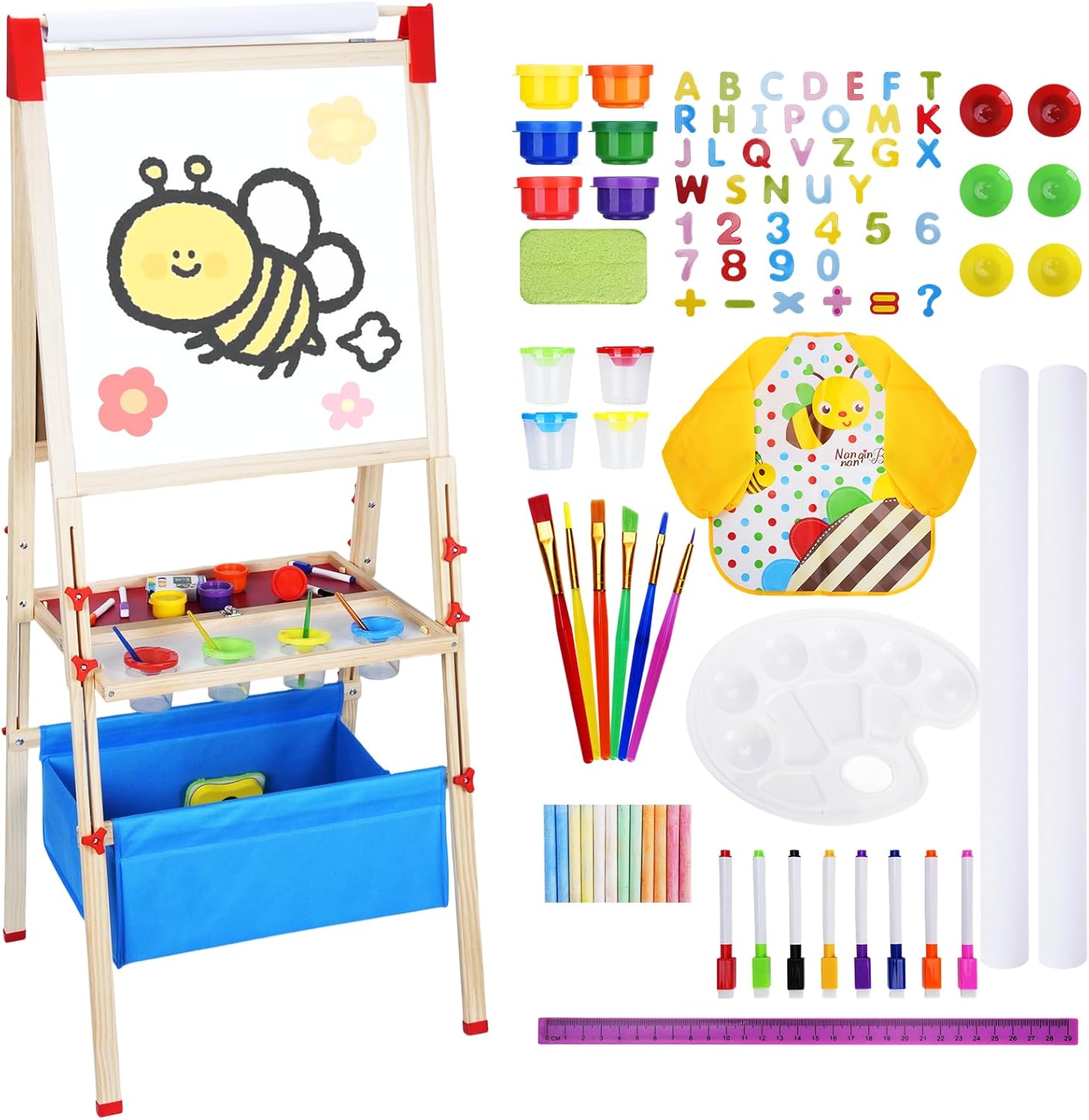 art easel for kids: wooden adjustable height magnetic double-sided foldable painting board for toddlers 2-4,104+ art supplies for boys & girls ages 4-8 8-12 with 2 paper rolls & storage bin