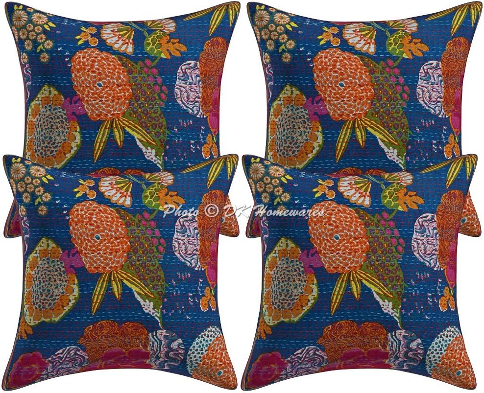 Boho Decorative Toss Throw Pillow Covers 16 Inch Cotton Kantha Tropicana Ethnic Square Accent Cushion Covers (Size - 40x40 cm ; Color: Dark Blue) - Set of 4 Pcs (Cover Only)