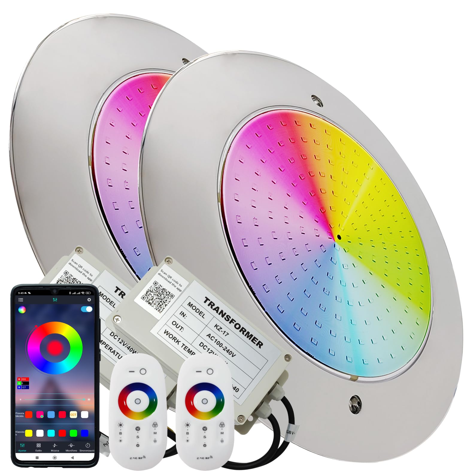 LED ATOMANT Lote de 2 Focos de Piscina LED 12W RGB Impermeable IP68, Ø25cm, Acero Inoxidable, Montaje en Superficie, con Transformador AC 220V/12V DC y Mando a distancia Control Remoto, APP Bluetooth