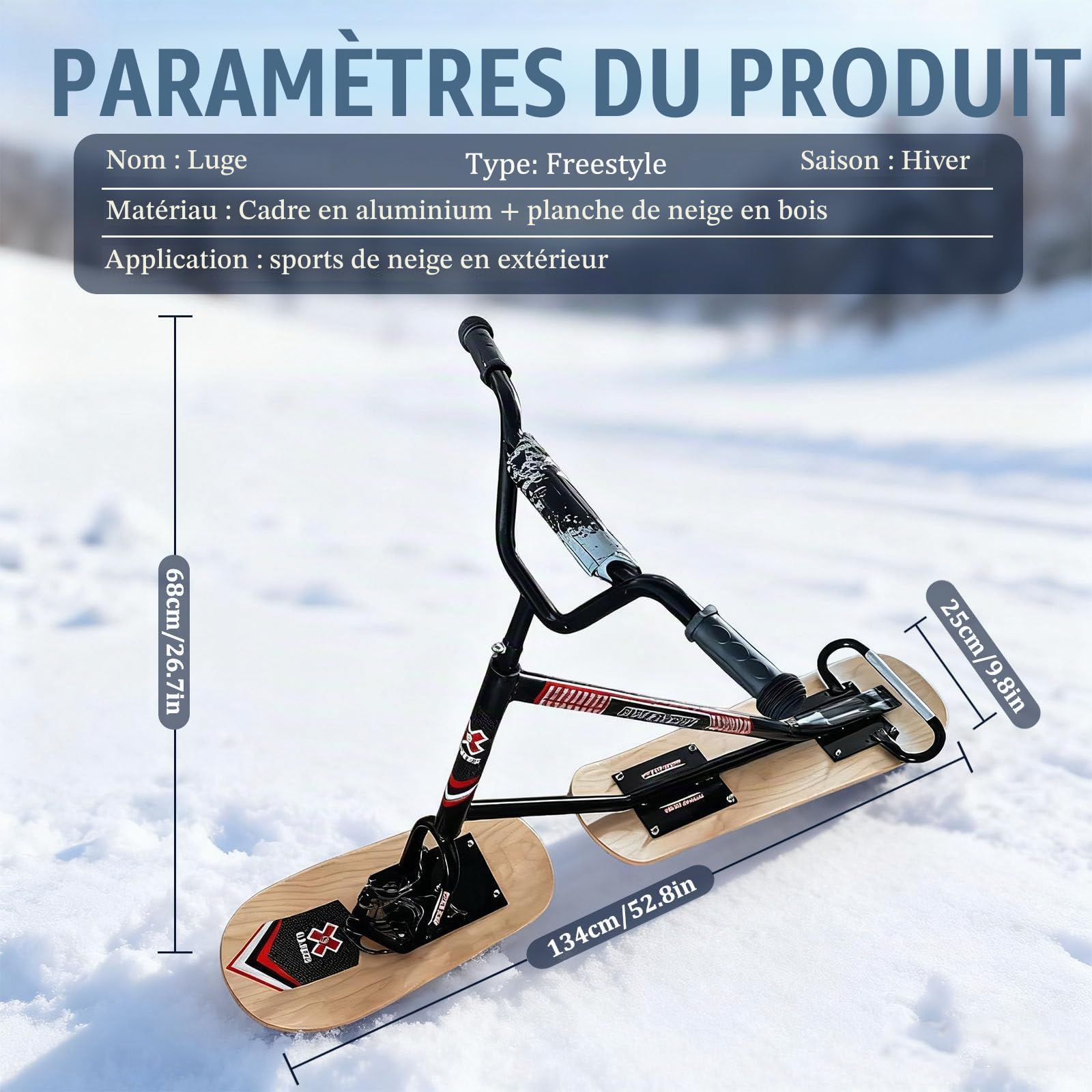 Trottinette des Neiges pour Adultes & Adolescents | Ski Arrière Rotatif 360° | Cadre en Aluminium Renforcé | Luge Tout-Terrain pour Le Hors-Piste, Les Pentes Damées & L'Aventure Neigeuse Black