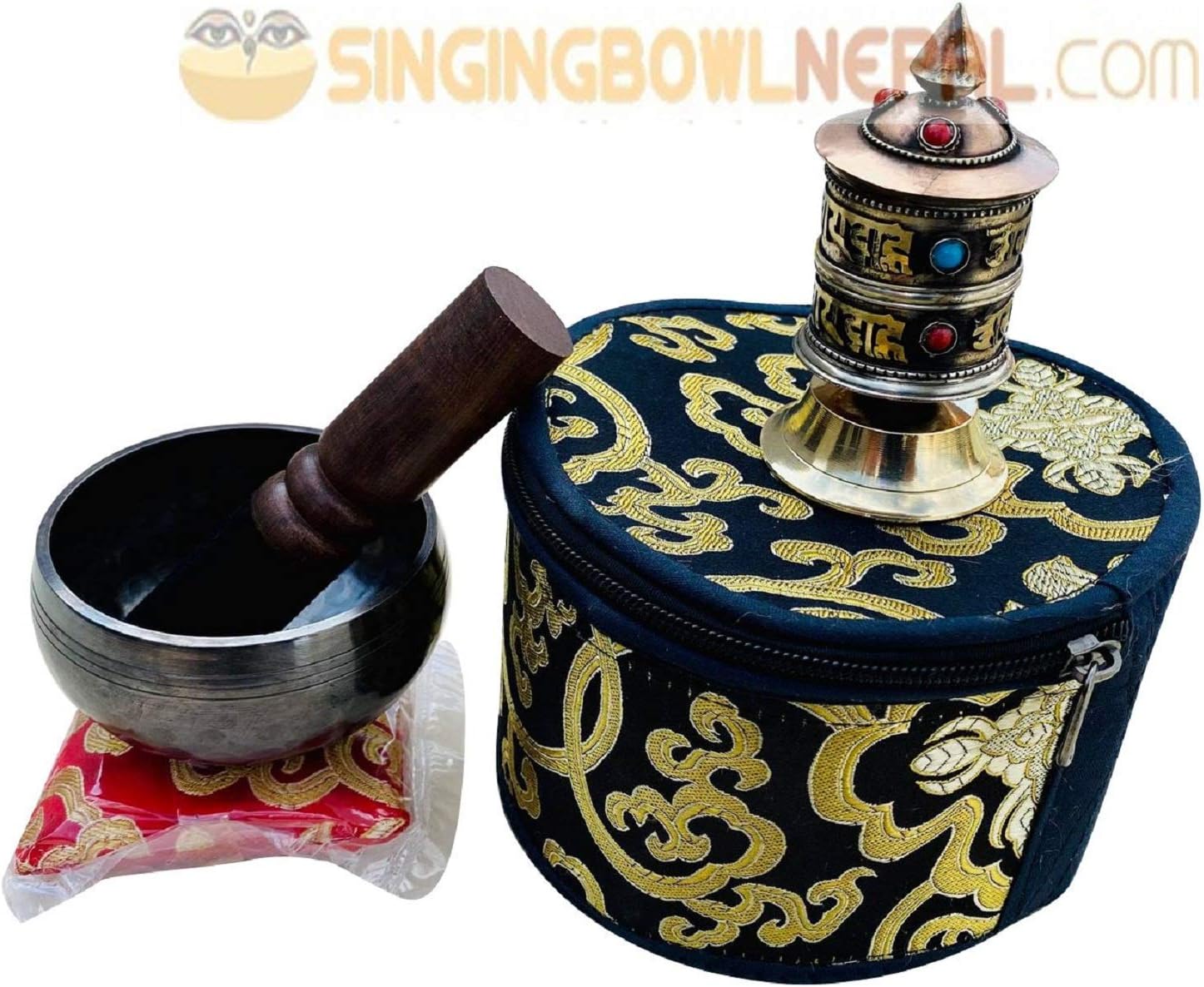 Hand Beaten C Root Chakra Tibetan Meditation Yoga Singing Bowl 3 Inch Set Includes Free Table Top Prayer Wheel