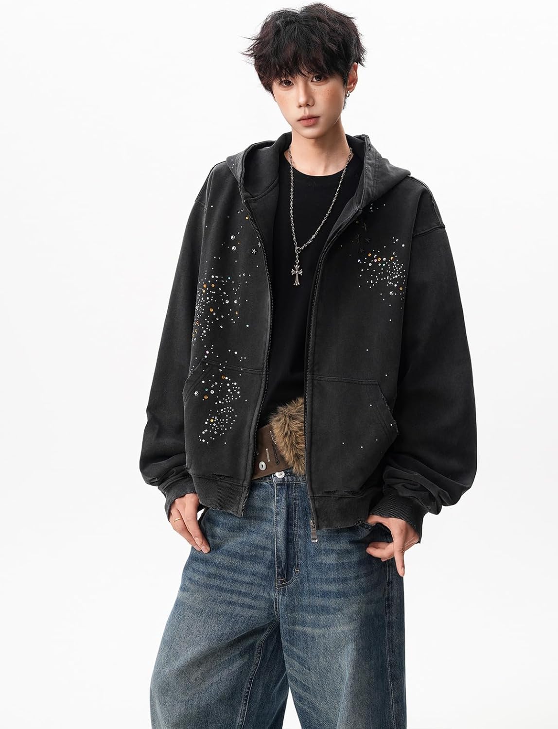 Men's High-Street Spring Fall Couple Loose Sport Zipper Hooded Jacket