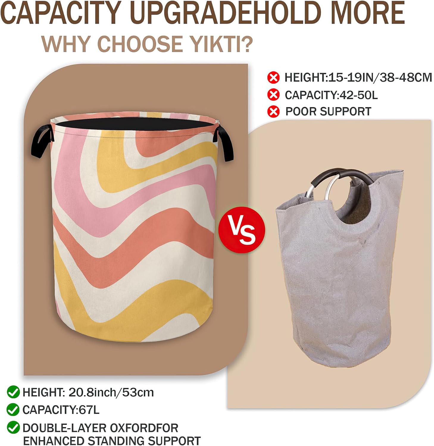 Mid Century Laundry Basket,Colorful Ripples Clothes Hamper,Oxford Cloth Collapsible Nursery Hamper Storage Organization for Bedroom,Bathroom,Office,College Dorms,16x20 Inch