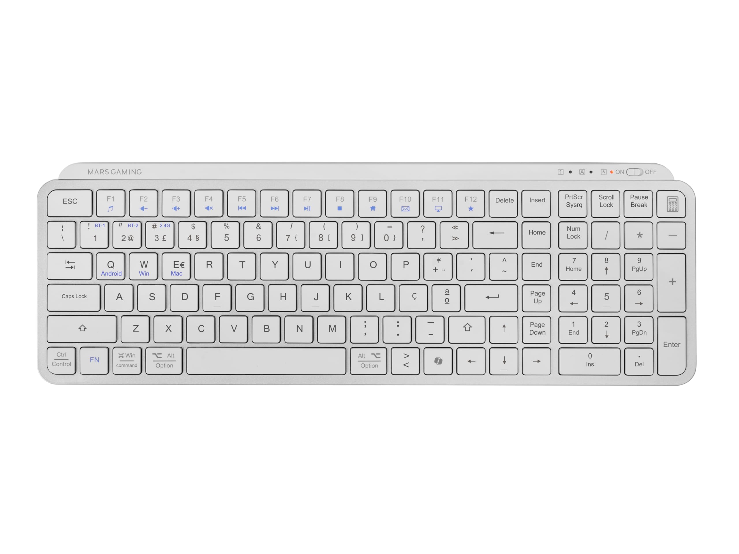 Mars Gaming MK-SILENKEYS, Portuguese, Compact Full-Format Wireless Keyboard, Low Profile, Silent Scissor Switches, Copilot AI Key, Bluetooth 5.1 Dual 2.4GPRO, 200h Battery, PC, Mac, White
