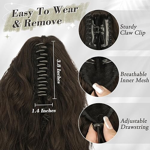 Miniatura 3 de BARSDAR Extensión de cola de caballo marrón  Extensiones de cabello de cola de caballo con clip de garra de 18 pulgadas para mujer, extensiones de