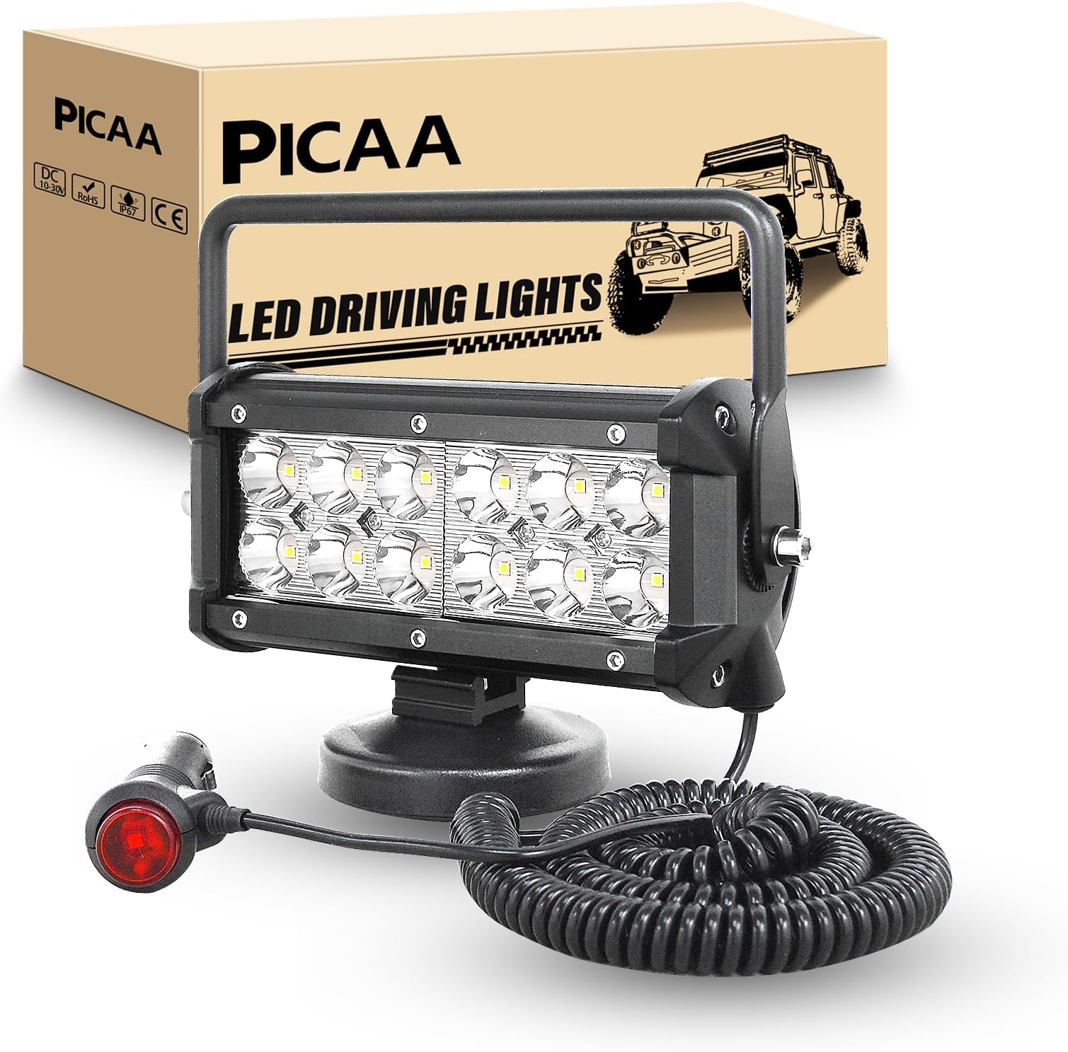 PICAA 1PCS 7 inch 36W Magnet Round Led Work Light Spot Beam Portable Magnetic Base Portable 12V 24V 6000K LED Driving Light Search Lights for Car Off road Truck 4x4 SUV ATV Tractors
