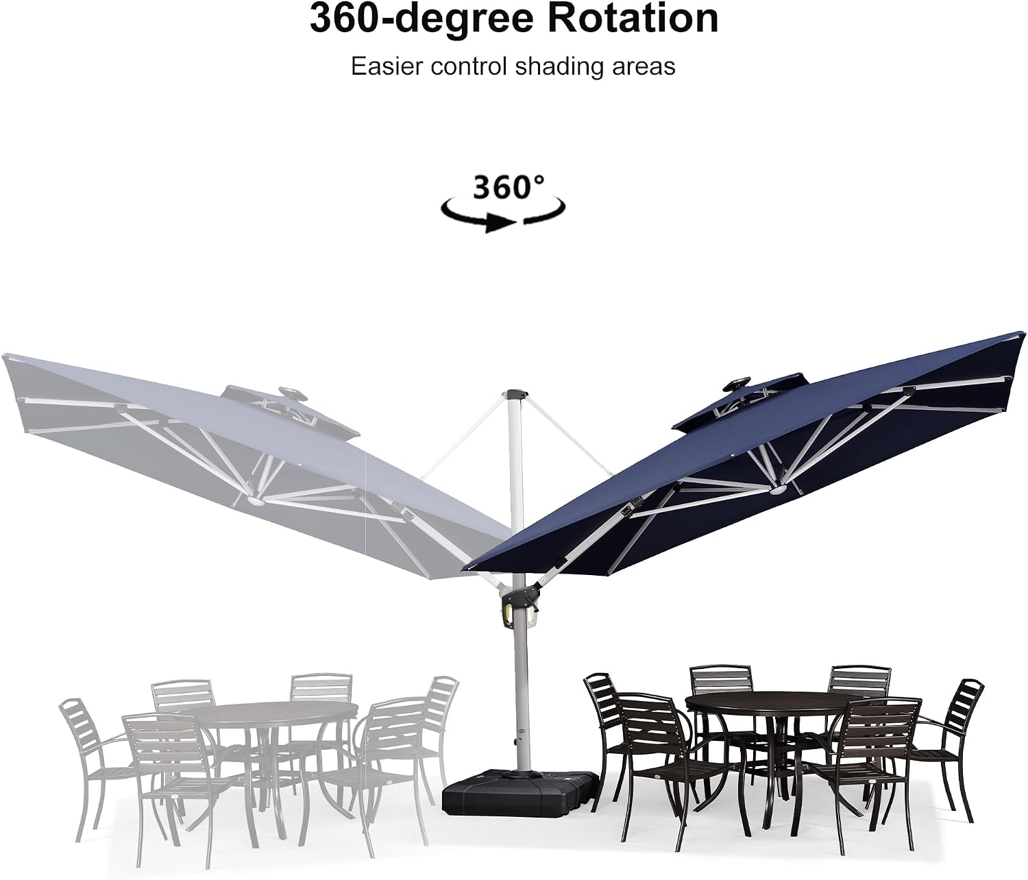 PURPLE LEAF 11 Feet Solar Powered LED Square Cantilever Umbrella With Base Patio Umbrellas Windproof Hanging Umbrella Outdoor Offset Umbrellas, Navy Blue