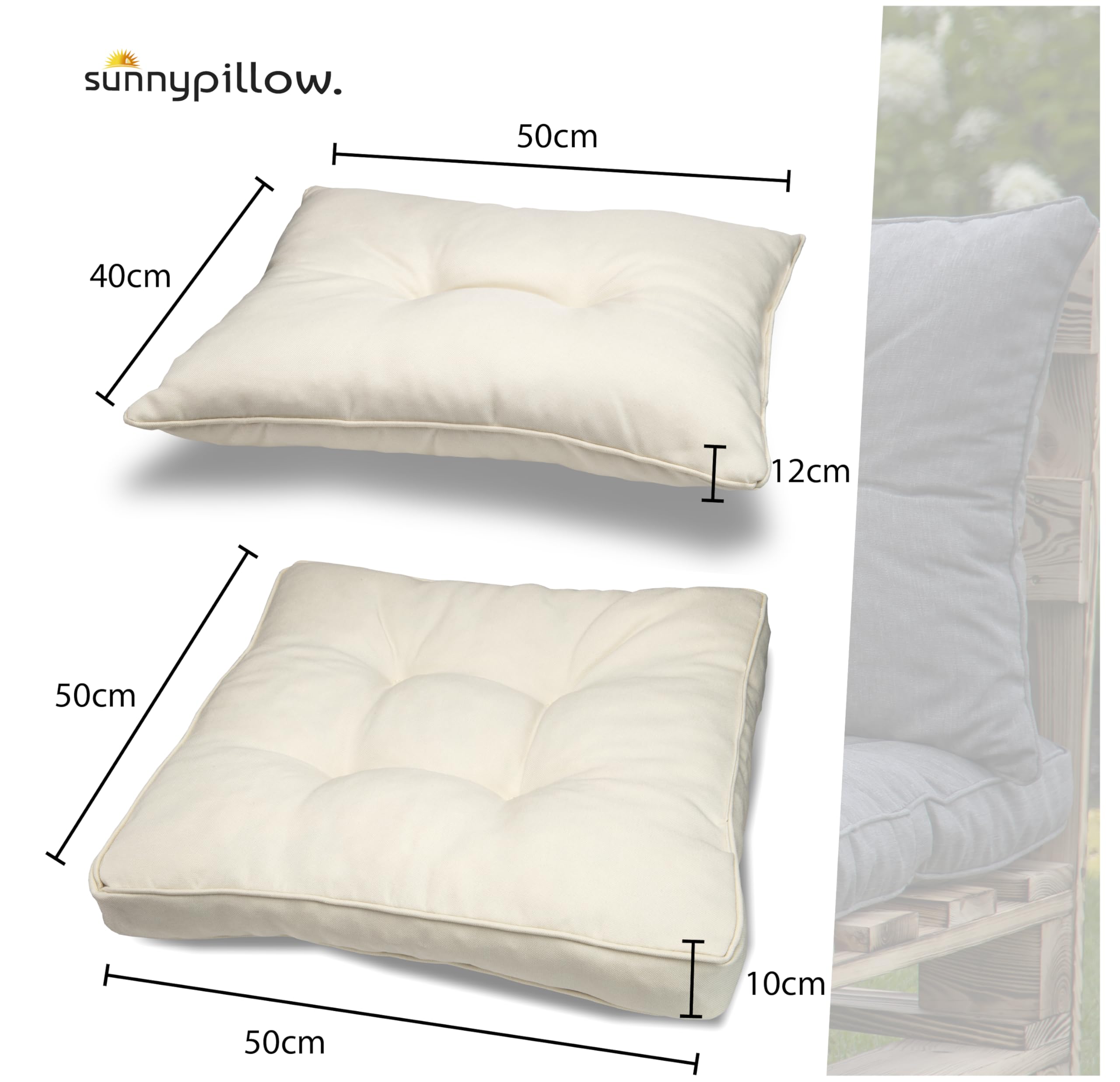 sunnypillow Lot de 2 Coussin de Jardin pour Chaise Fauteuil Rotin (Assise 50x50 cm + Dossier 50x40 cm) Galette de Chaise Anti UV - Extérieur Impermeable – Coussin de Sol idéal pour Balcon - Ecru
