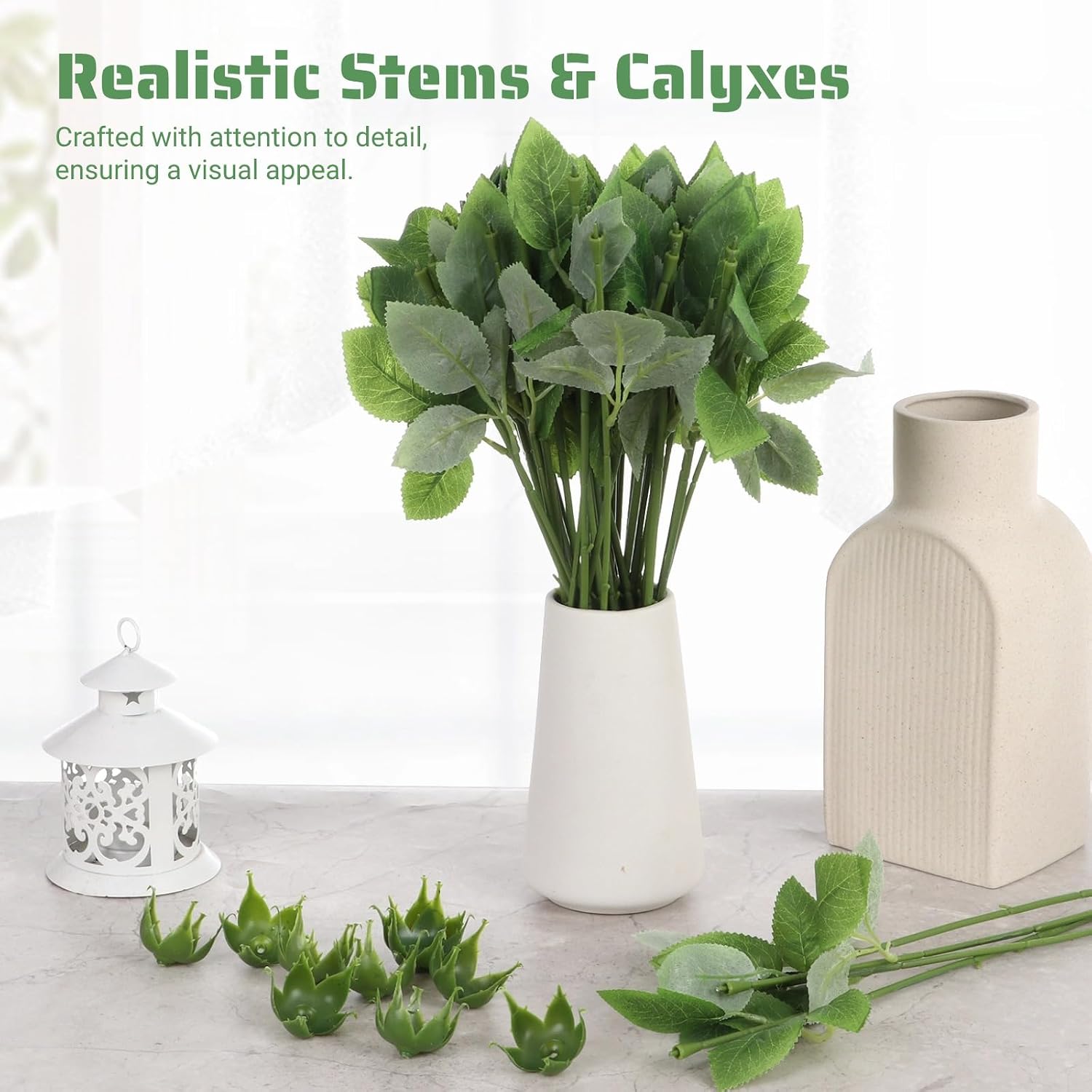 50 Pcs Rose Stems with Leaves & 50 Pcs Flower Calyxes Set, Fake Flower Stems Artificial Flower Sepals, Floral Arrangement Supplies, DIY Artificial Flowers Tools for Bouquet Wedding Party