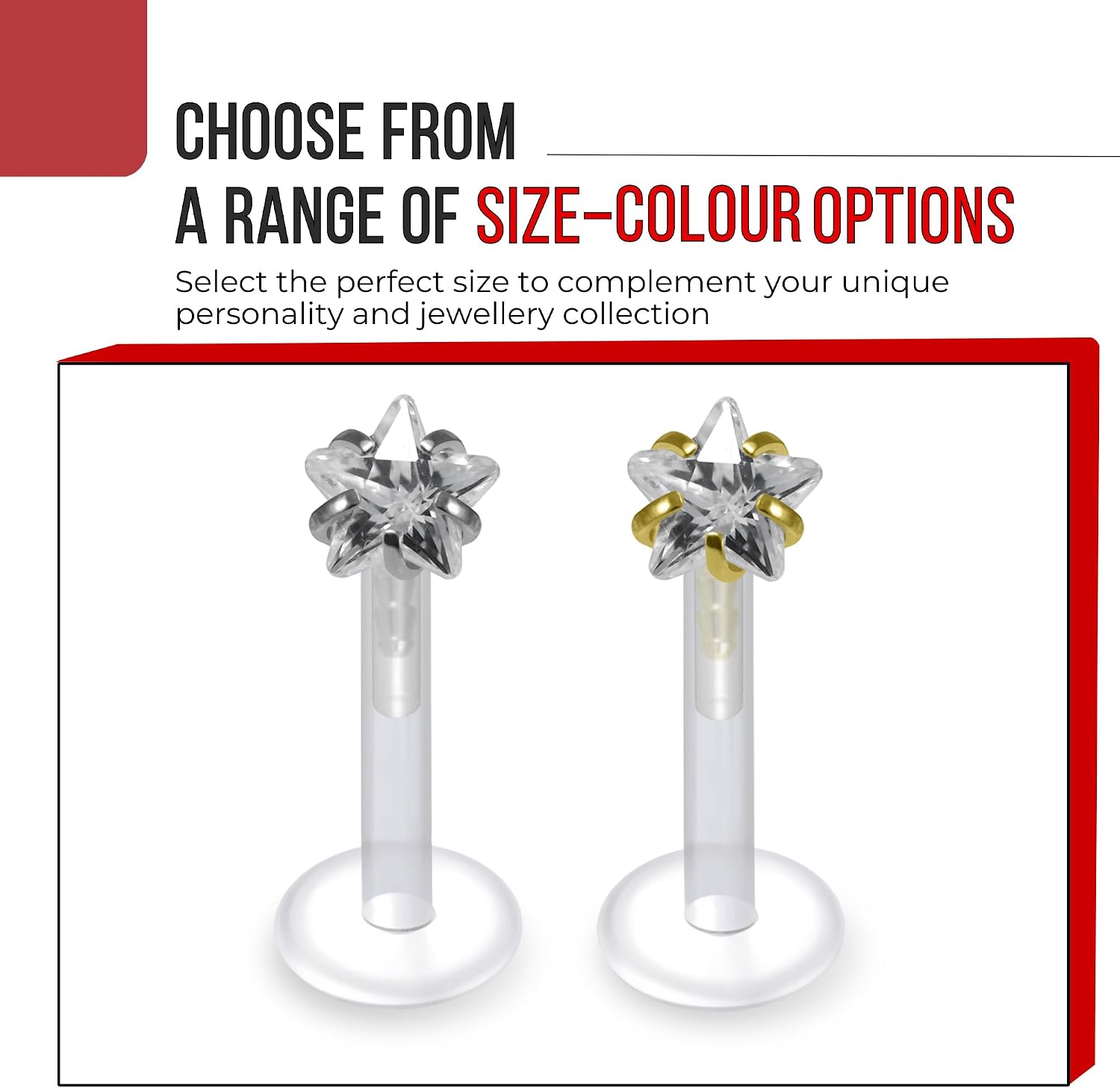 Star Cz Stone Setting on 316L Surgical Steel Base Push Fit Top with 16 Gauge UV Bio Flex Lip Labret - Tragus Bar Piercing - Labret Stud Helix - Tragus Piercing Jewelry