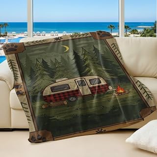 Vintage Camper Printed Flannel Blanket, Warm Cozy Throw Blanket for Sofa and Bed, Perfect for Outdoor Camping & Room Decor (02,50 x 60in)